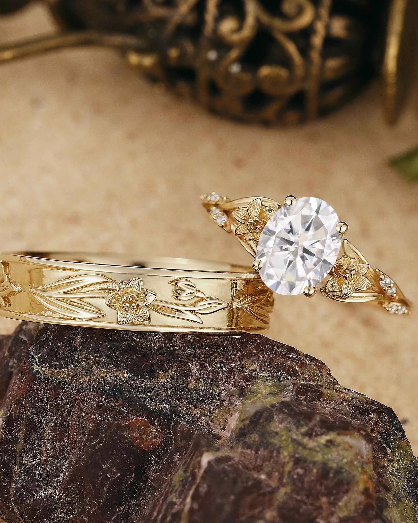 Floral Inspired | 2pcs Daffodils Design Moissanite Couple Rings