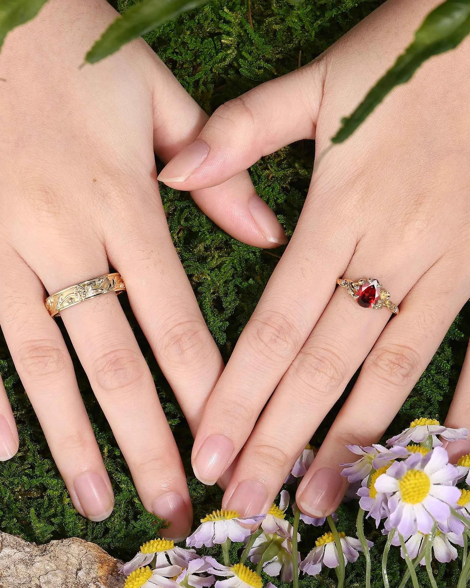 Floral Inspired | 2pcs Poppy Design Ruby Couple Rings Set