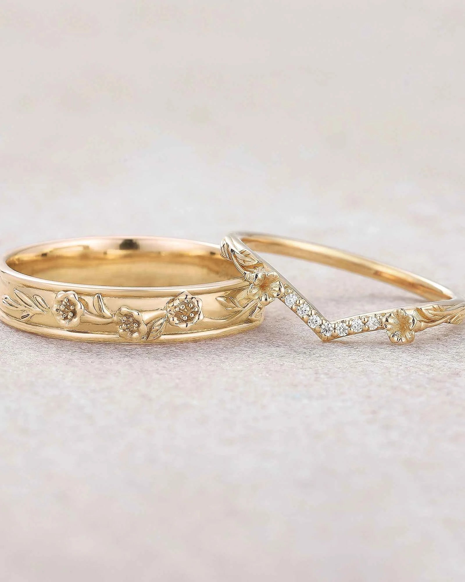 Floral Inspired | 2pc Morning Glory Flower Design Wedding Ring Set