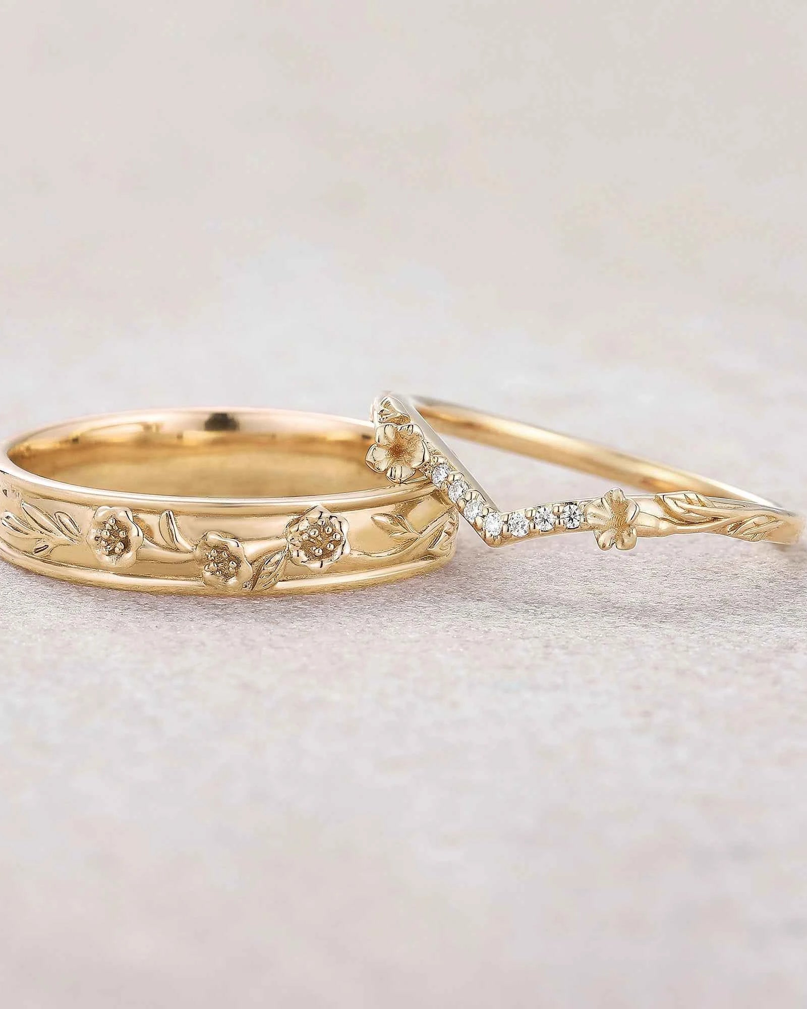 Floral Inspired | 2pc Morning Glory Flower Design Wedding Ring Set