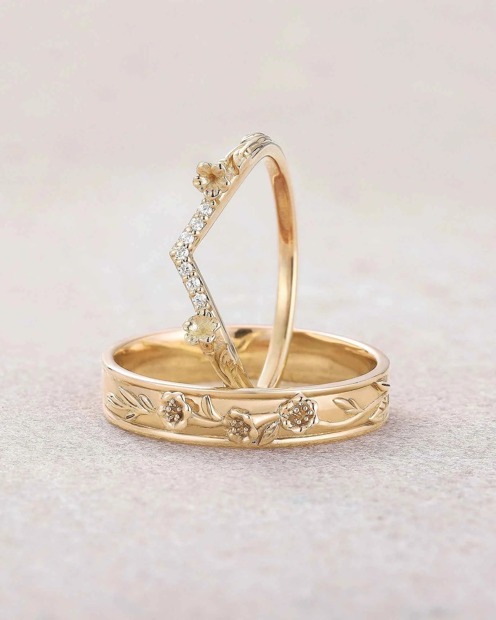 Floral Inspired | 2pc Morning Glory Flower Design Wedding Ring Set