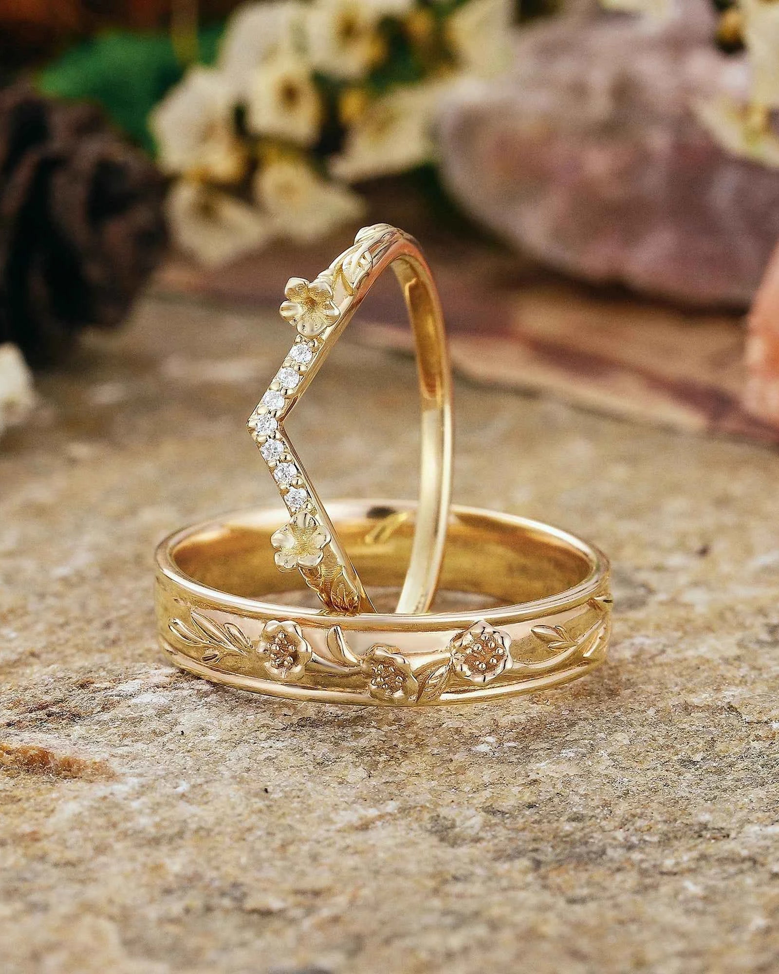 Floral Inspired | 2pc Morning Glory Flower Design Wedding Ring Set