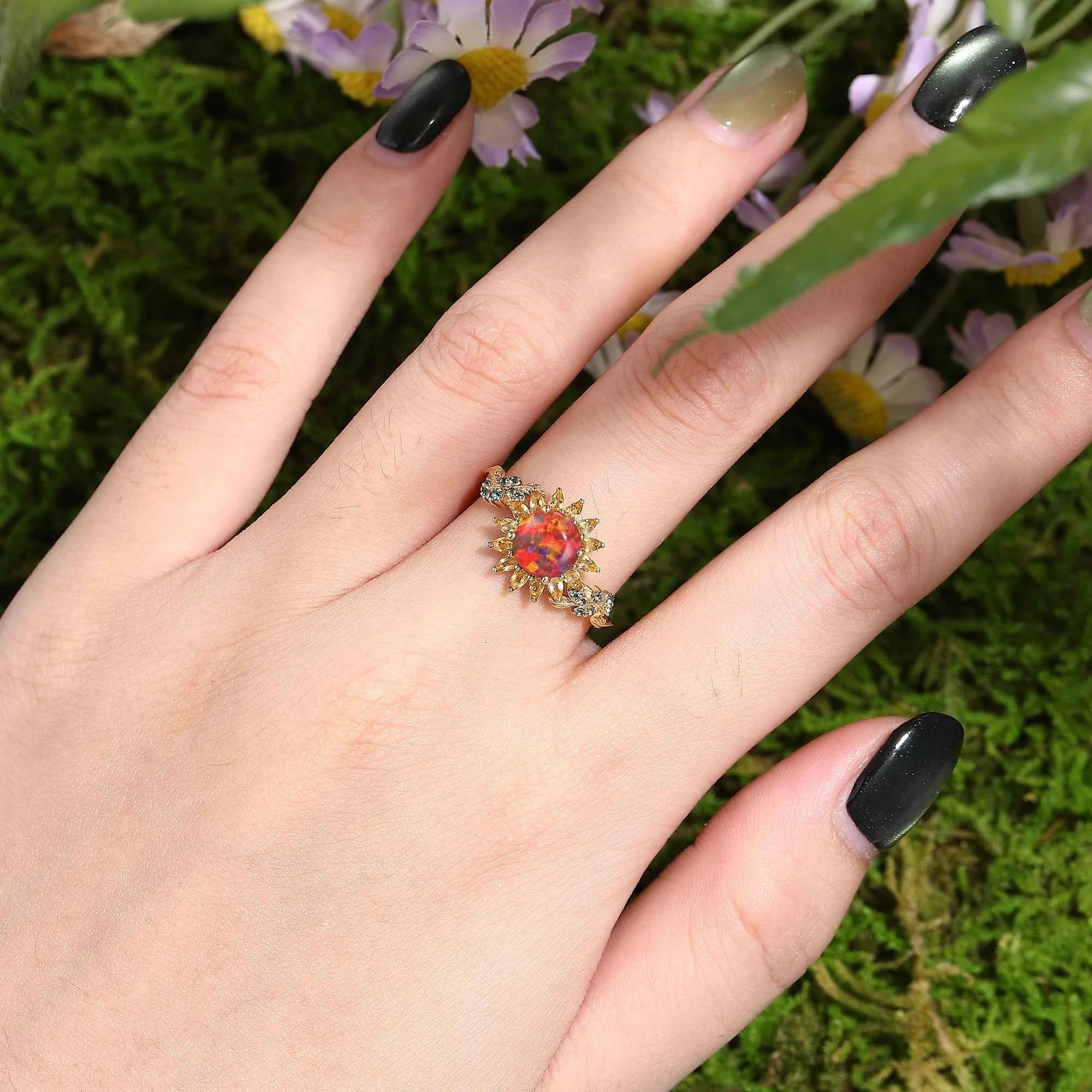 LCCjewelry | Black Opal Sunflower Engagement Ring - 7mm