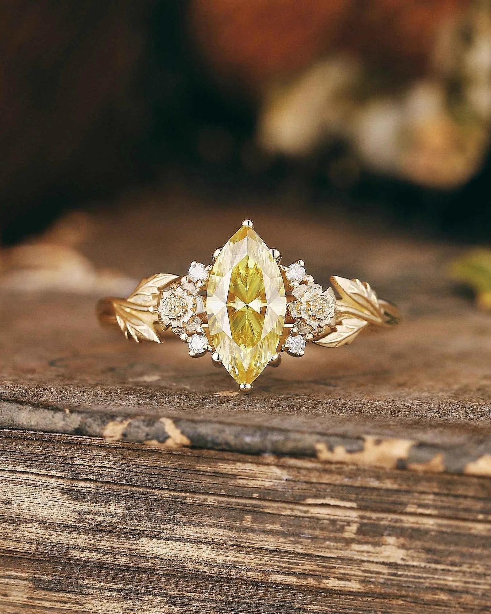 Floral Inspired | Chrysanthemum Design Yellow Moissanite Engagement Ring