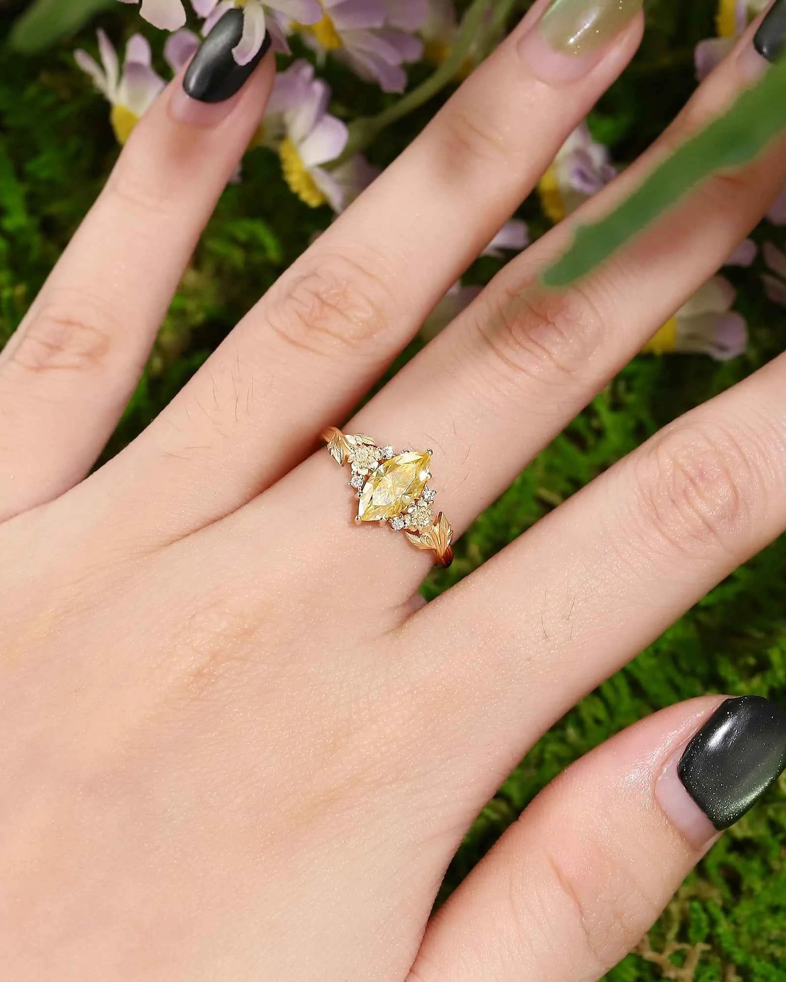 Floral Inspired | Chrysanthemum Design Yellow Moissanite Engagement Ring