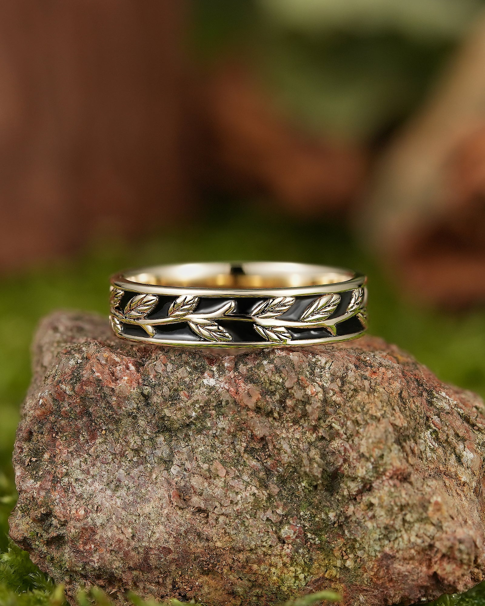 LCCjewelry | Nature Inspired Leaf Design Black Enamel Wedding Band - LCCjewelry