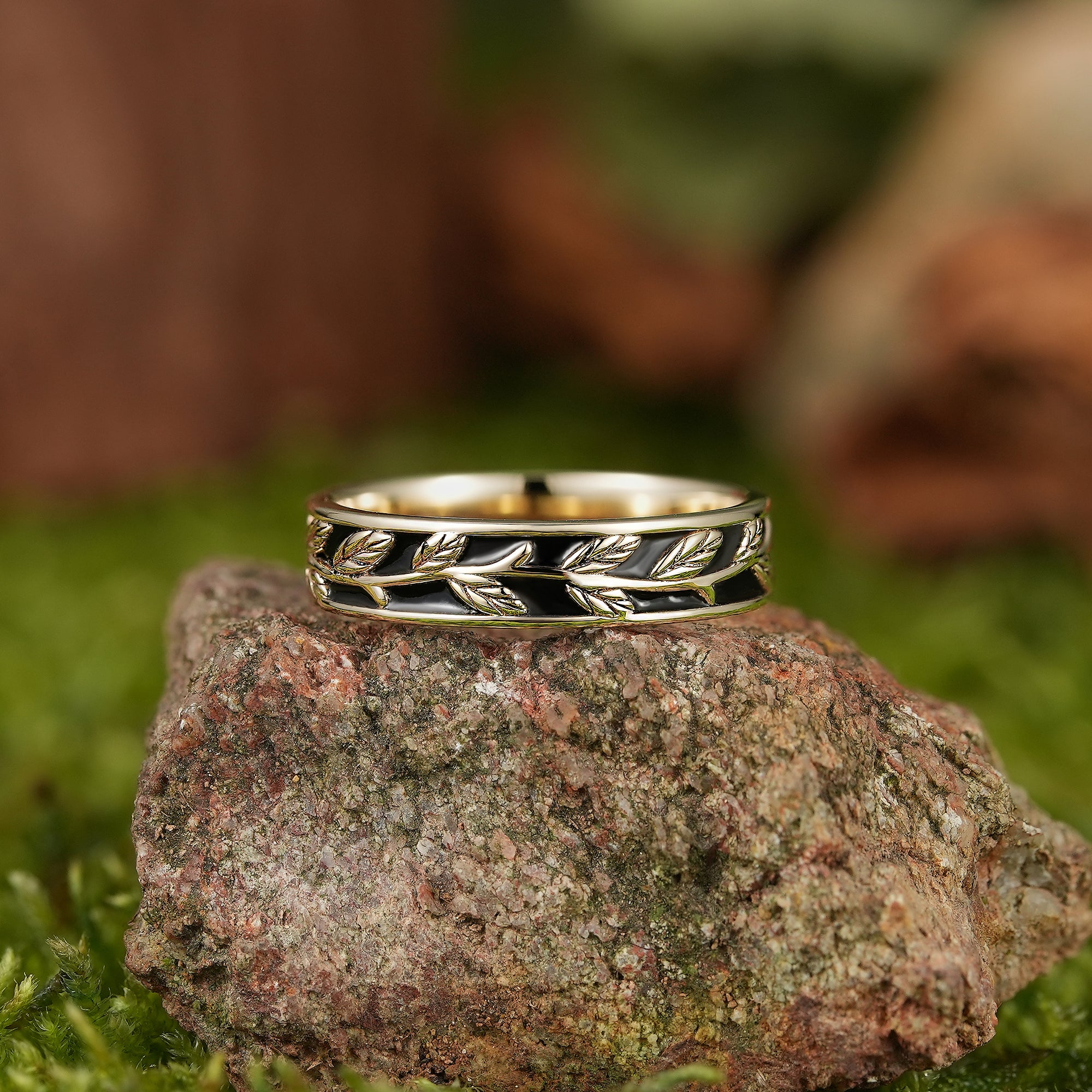 LCCjewelry | Nature Inspired Leaf Design Black Enamel Wedding Band - LCCjewelry