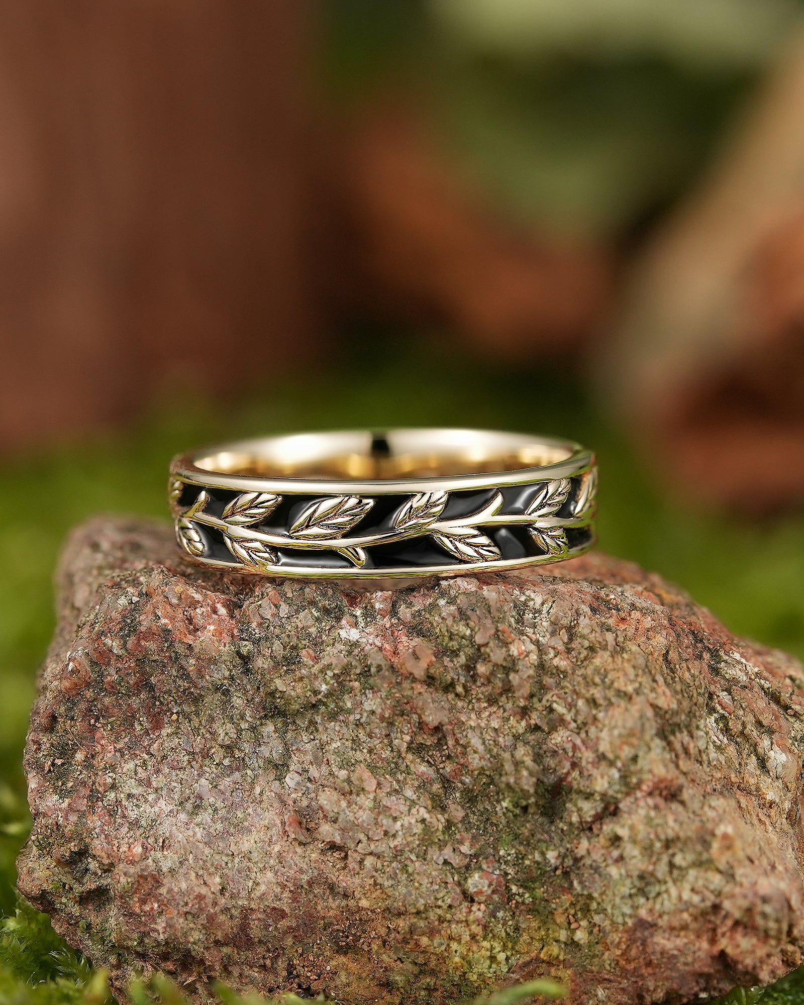 LCCjewelry | Nature Inspired Leaf Design Black Enamel Wedding Band - LCCjewelry