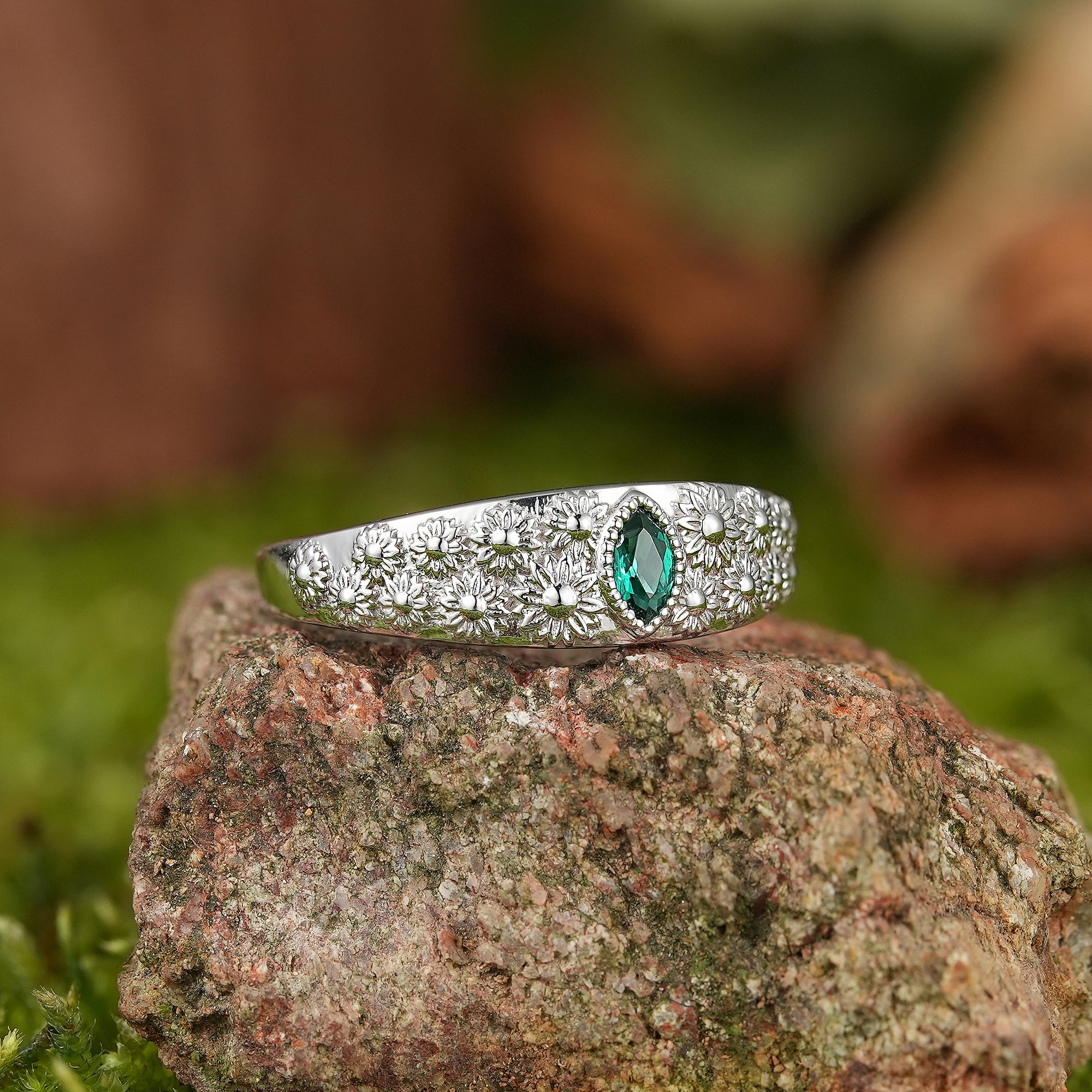 LCCjewelry | White Gold Sunflower Design Emerald Men's Wedding Signet Ring - LCCjewelry