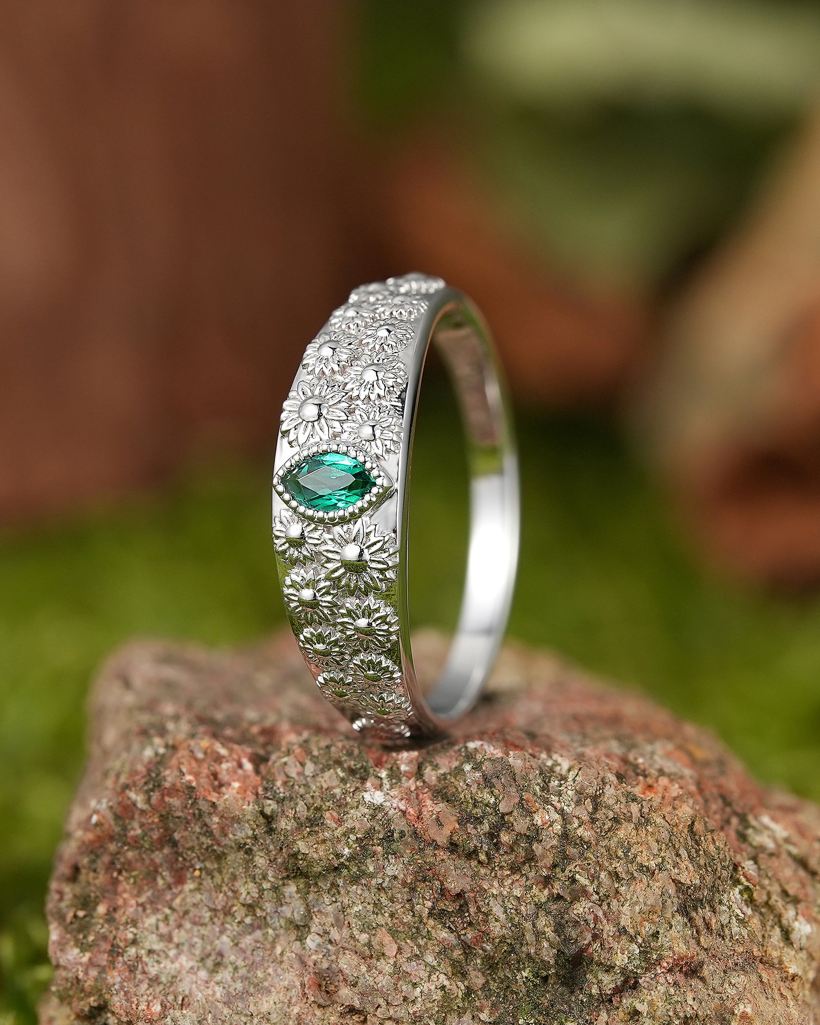 LCCjewelry | White Gold Sunflower Design Emerald Men's Wedding Signet Ring - LCCjewelry