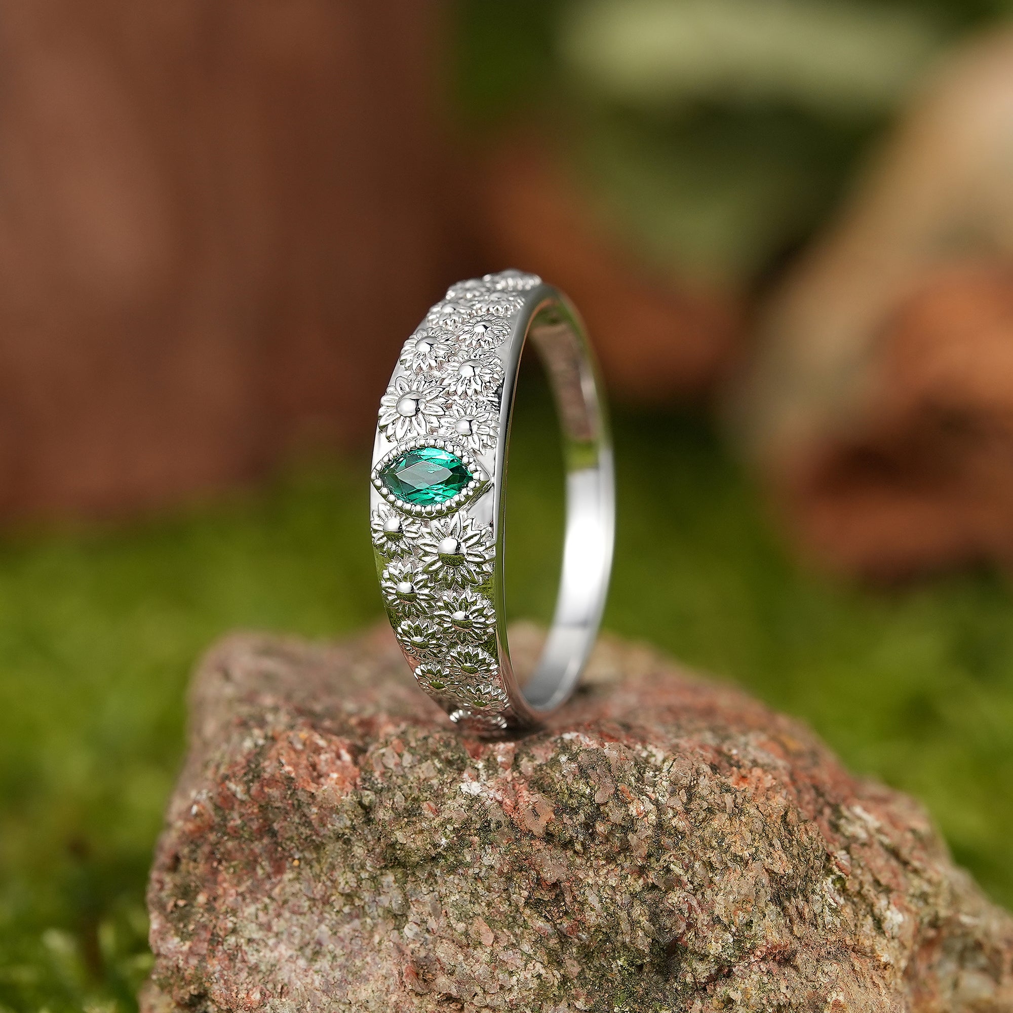 LCCjewelry | White Gold Sunflower Design Emerald Men's Wedding Signet Ring - LCCjewelry