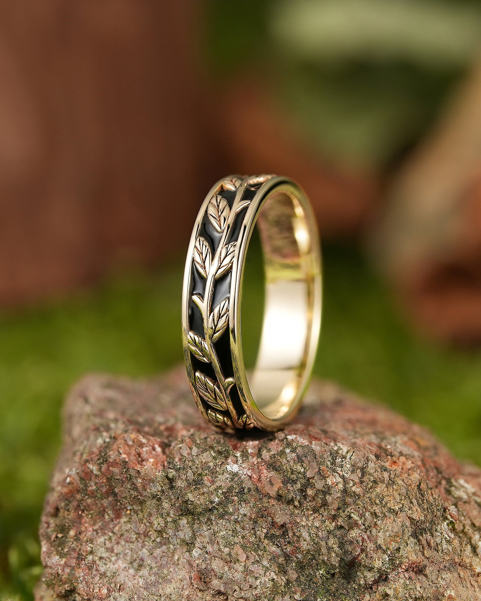 LCCjewelry | Nature Inspired Leaf Design Black Enamel Wedding Band - LCCjewelry