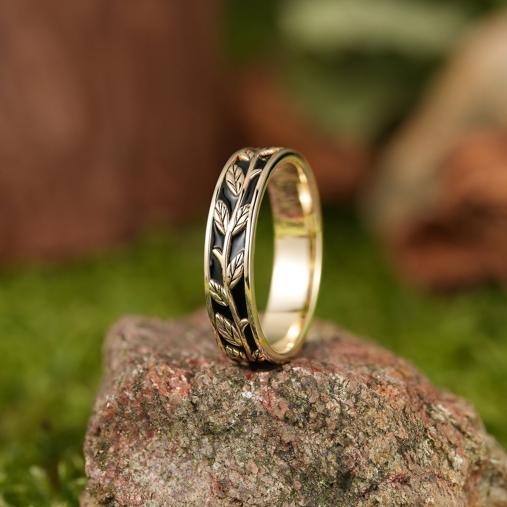 LCCjewelry | Nature Inspired Leaf Design Black Enamel Wedding Band - LCCjewelry
