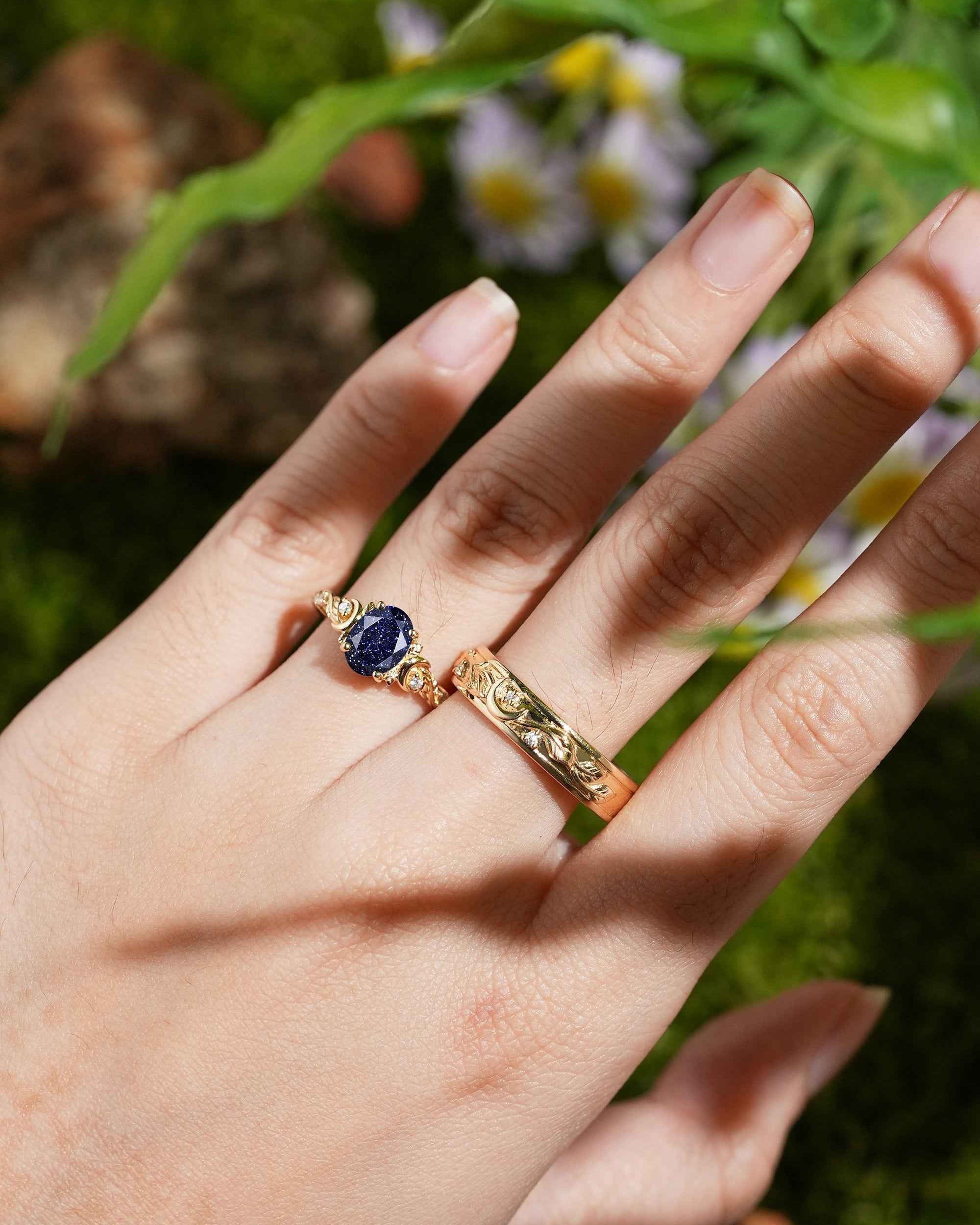 Moon Inspired | Sandstone Couple Rings Leaf & Moon