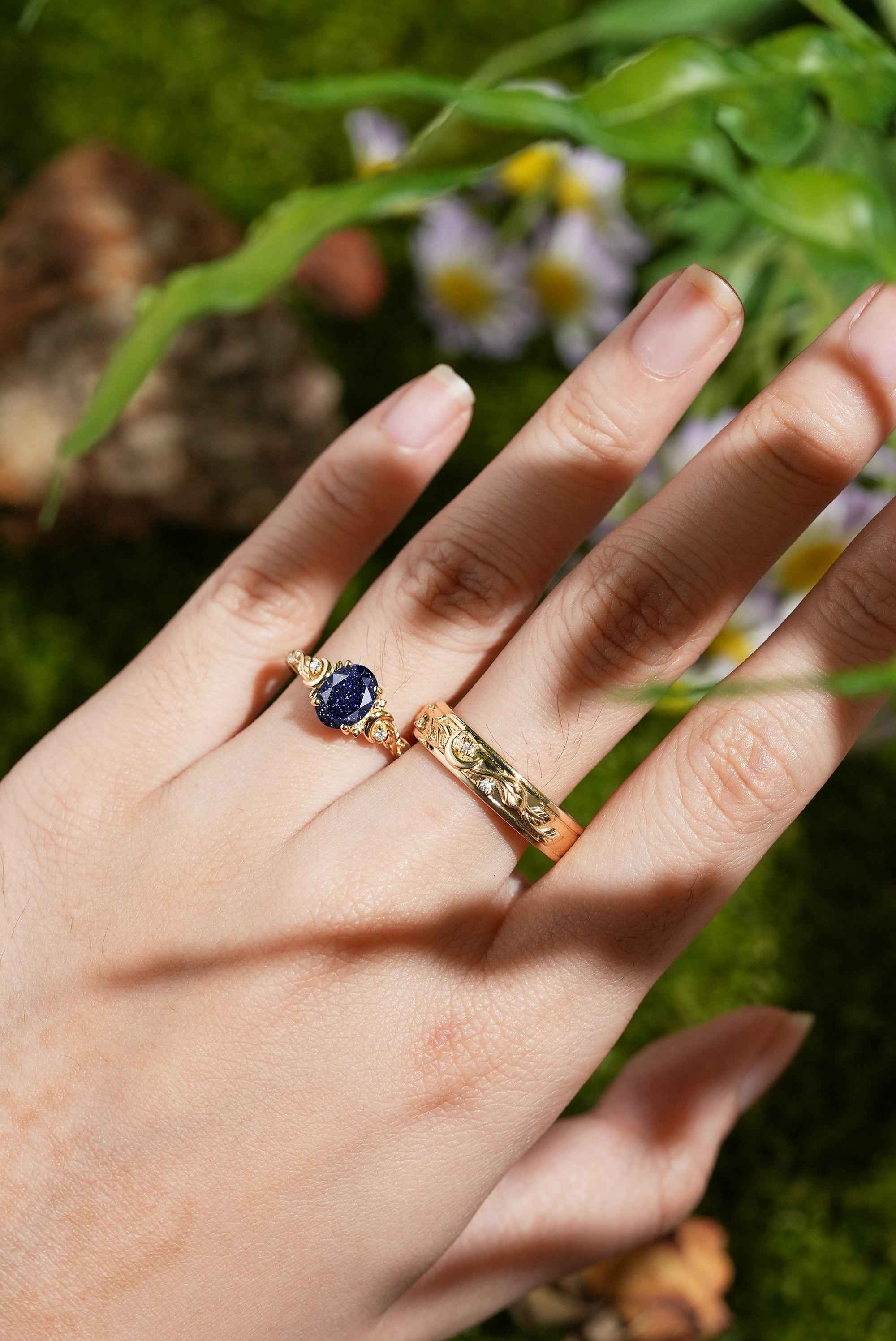 Moon Inspired | Sandstone Couple Rings Leaf & Moon