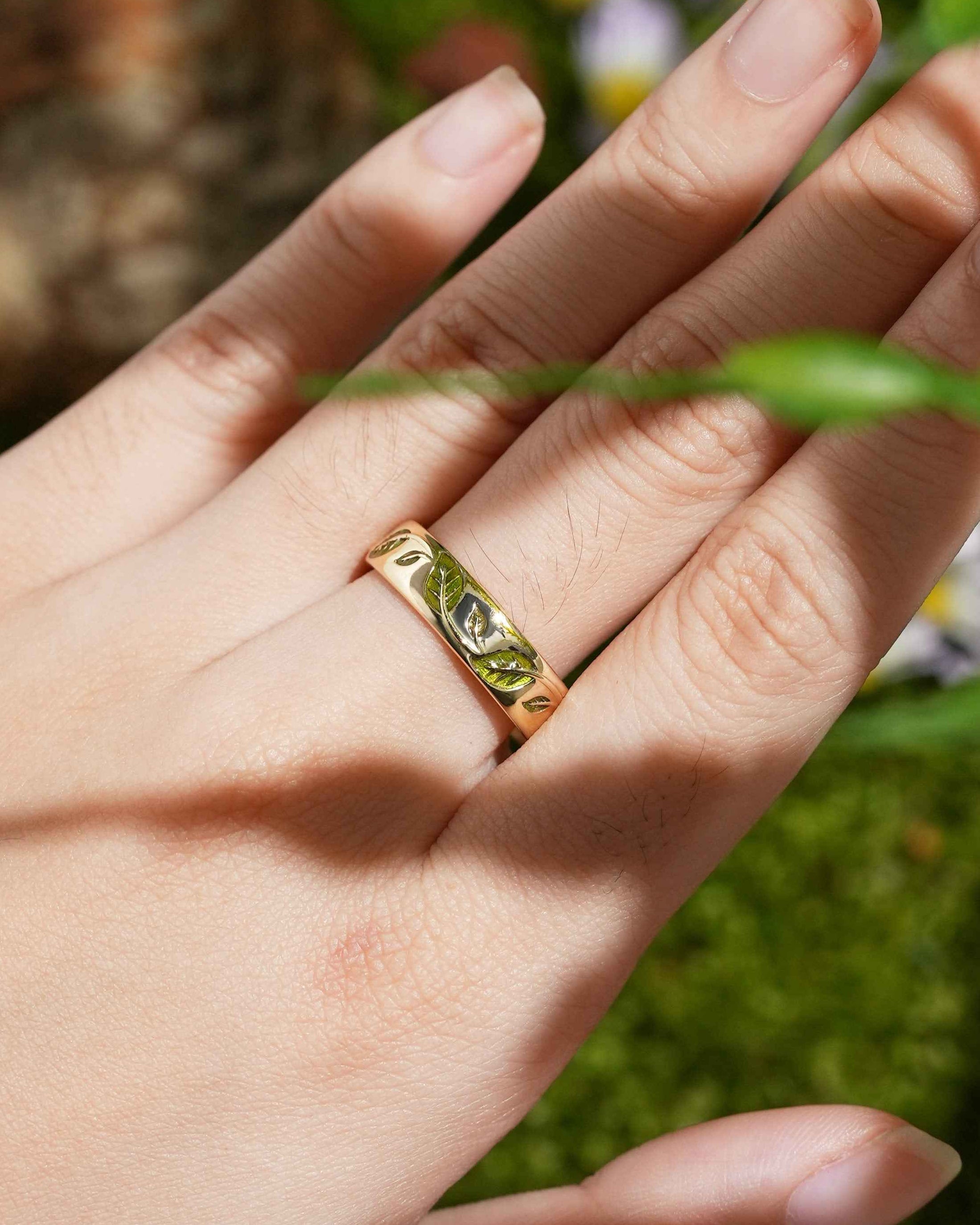 LCCjewelry | Nature Inspired Spring Green Leaf Enamel Wedding Band