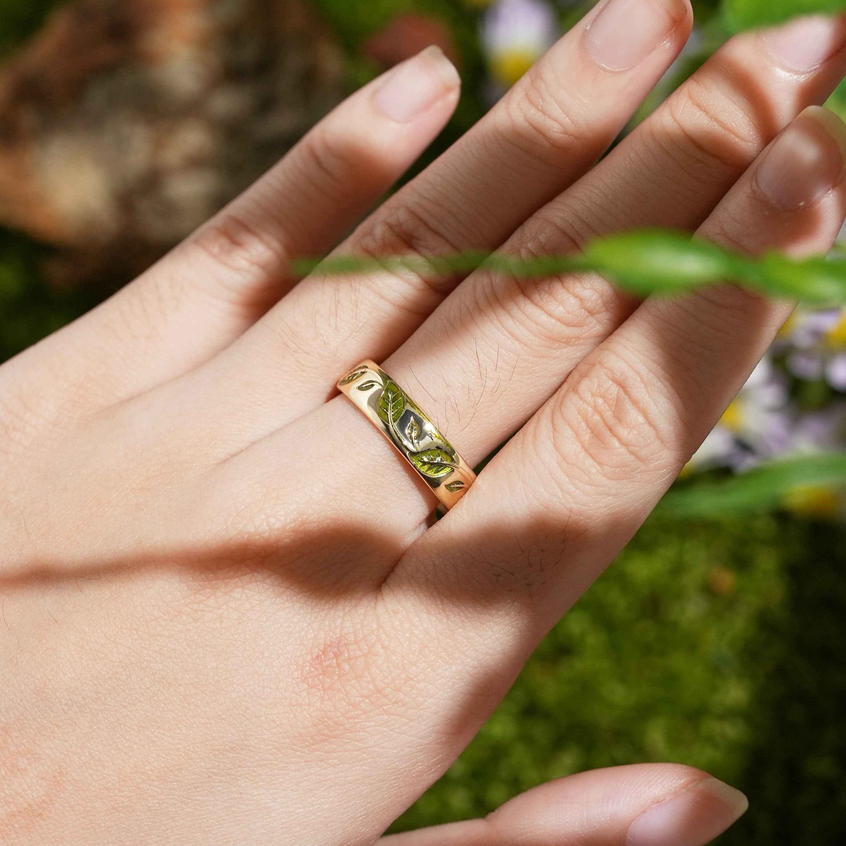 LCCjewelry | Nature Inspired Spring Green Leaf Enamel Wedding Band