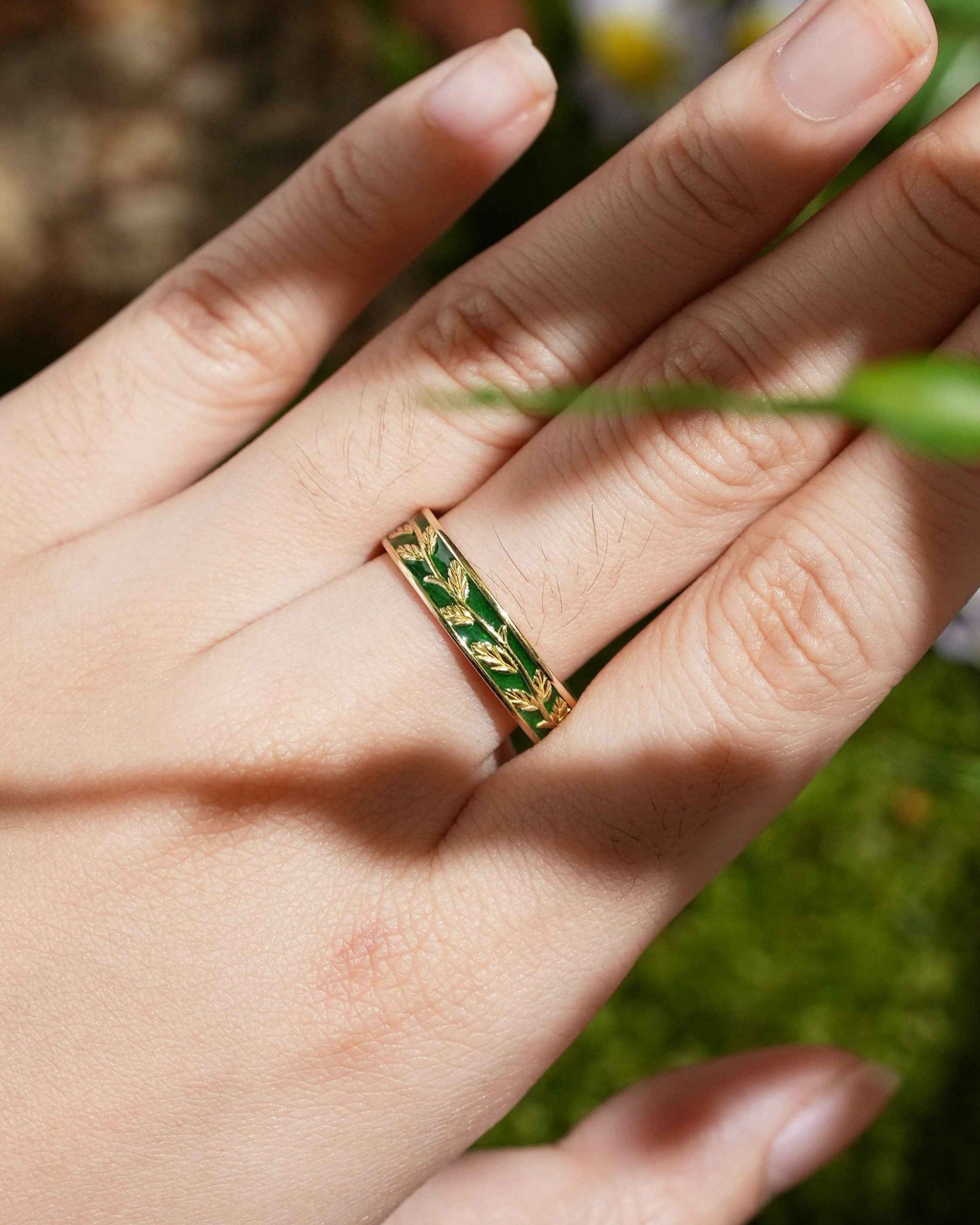 LCCjewelry | Nature Inspired Leaf Design Green Enamel Wedding Band