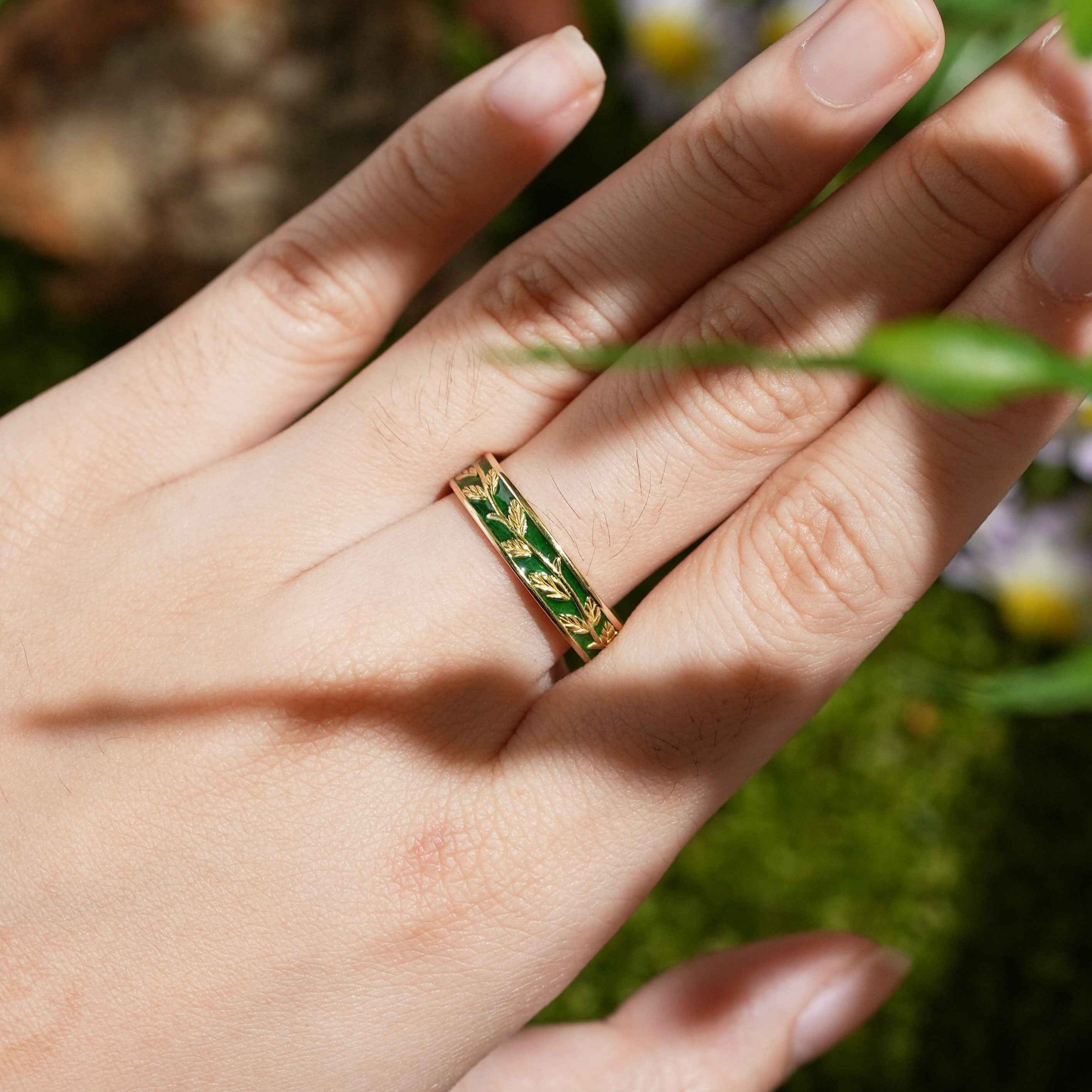 LCCjewelry | Nature Inspired Leaf Design Green Enamel Wedding Band