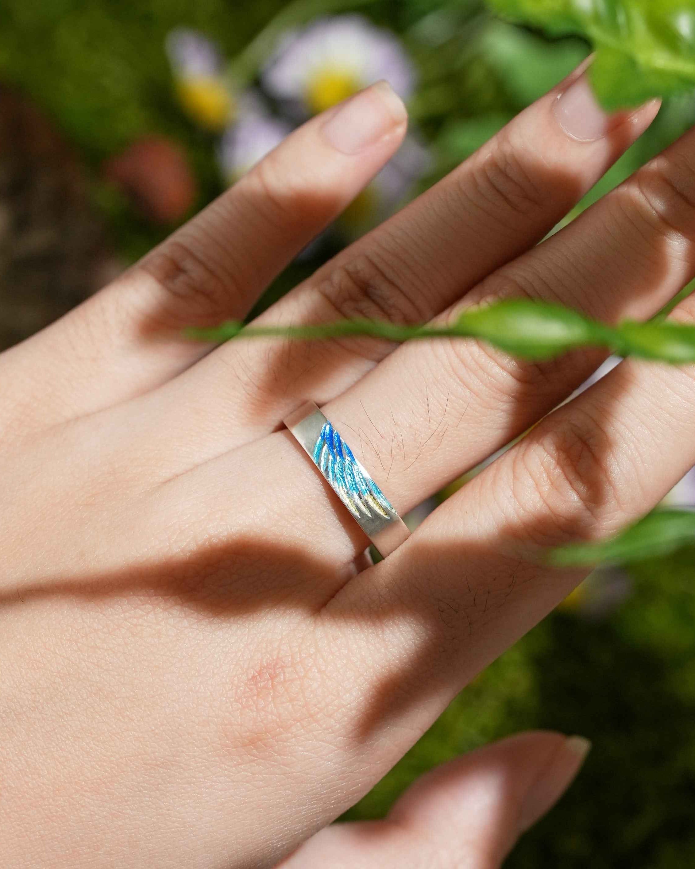 LCCjewelry | Unique Blue Feather Design Enamel Wedding Band