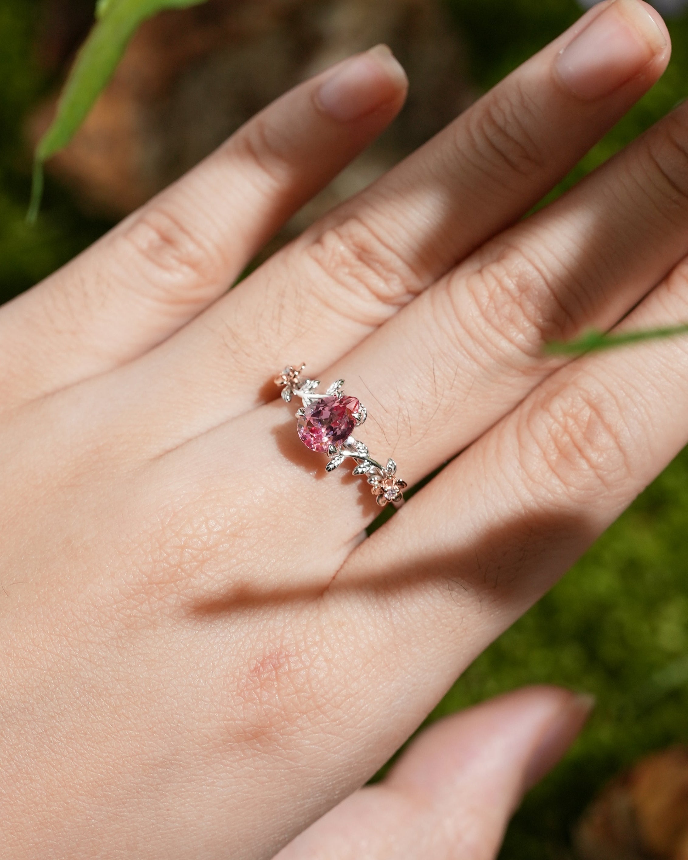LCCjewelry | Nature Inspired Branch & Flower Papalacha Engagement Ring - LCCjewelry