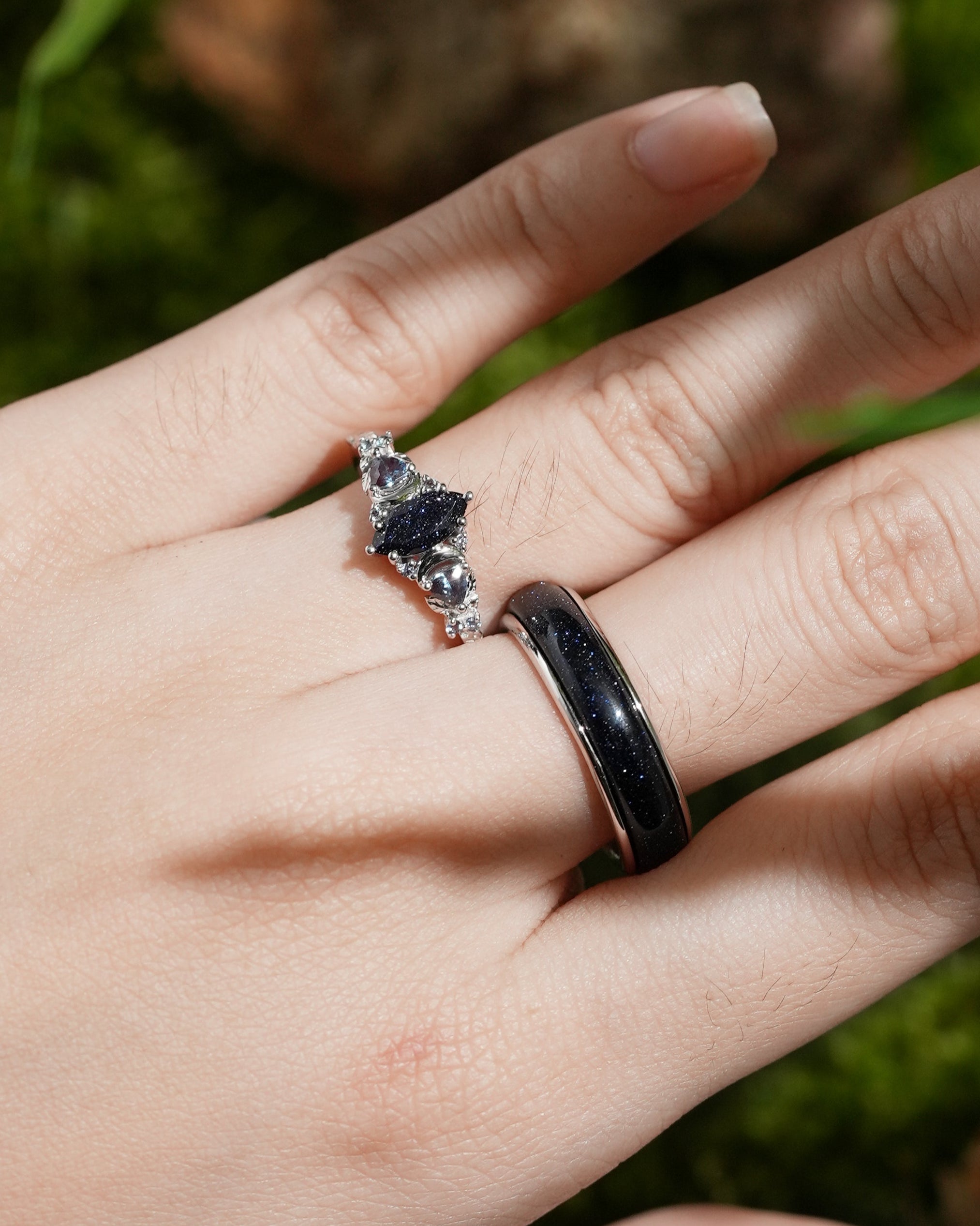 Moon Inspired | White Gold Sandstone Couple Rings Nature Inspired Leaf Design Engagement Ring - LCCjewelry