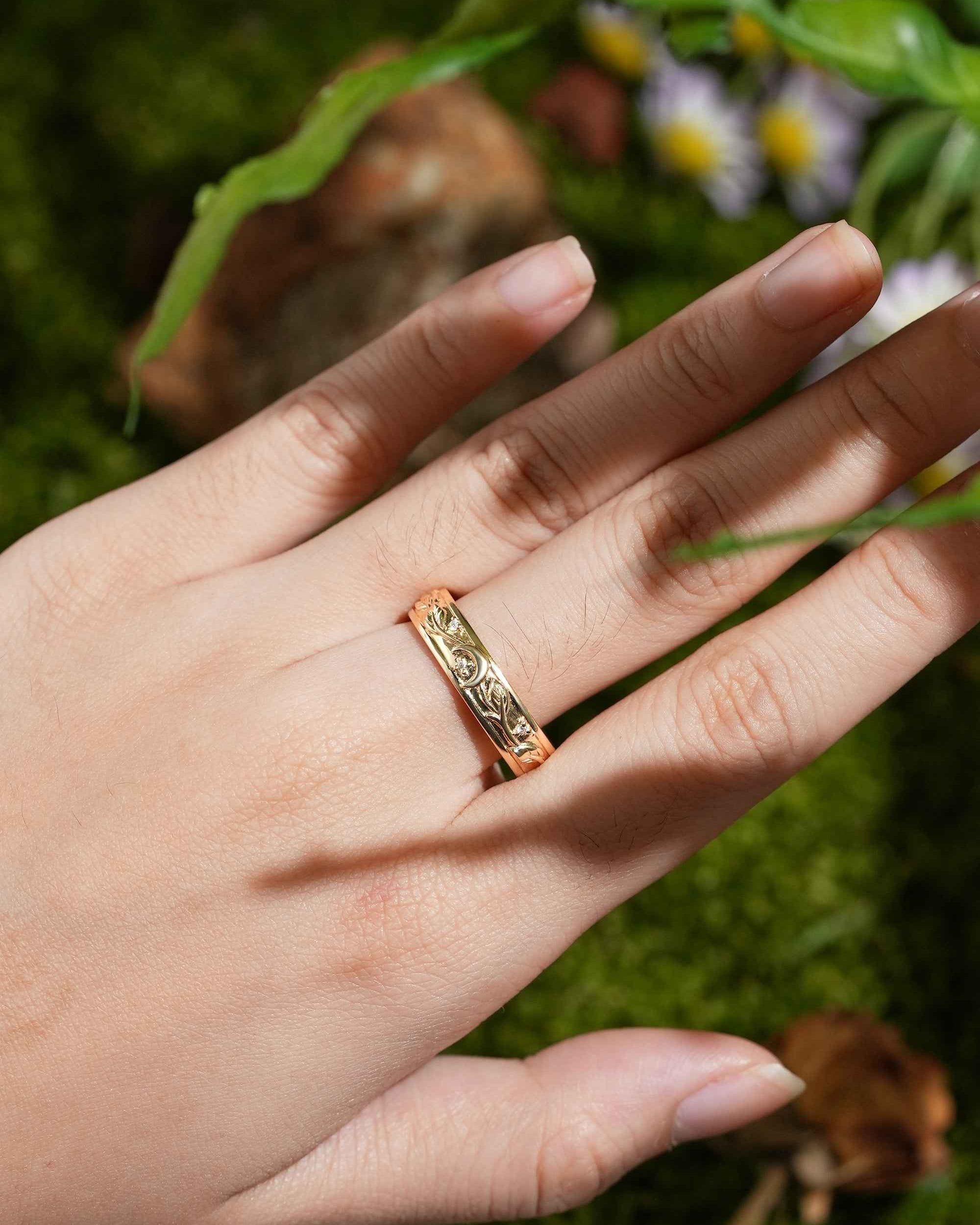 Moon Inspired | Unique Leaf & Moon Design Mens Wedding Band