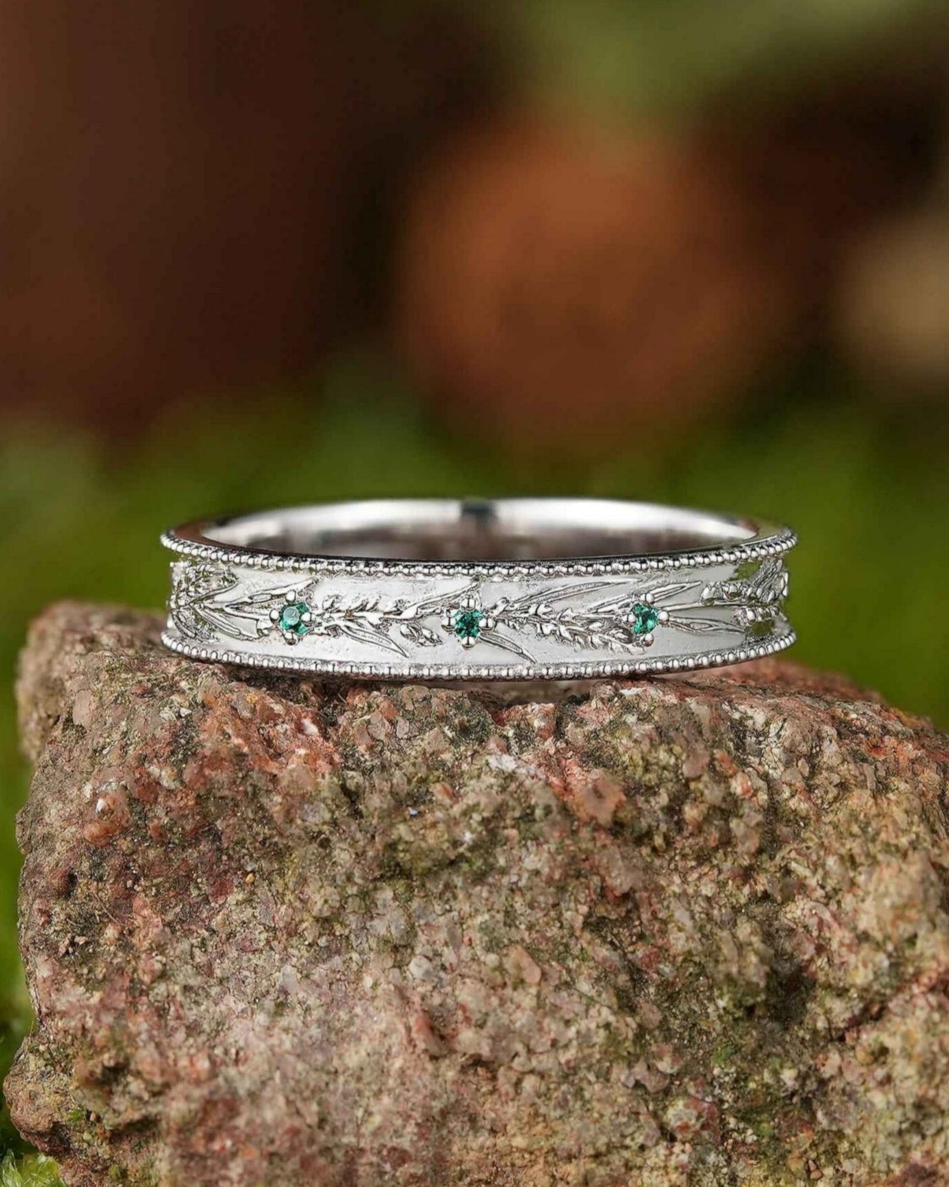 Floral Inspired | Lavender Design Emerald Engraved Wedding Band