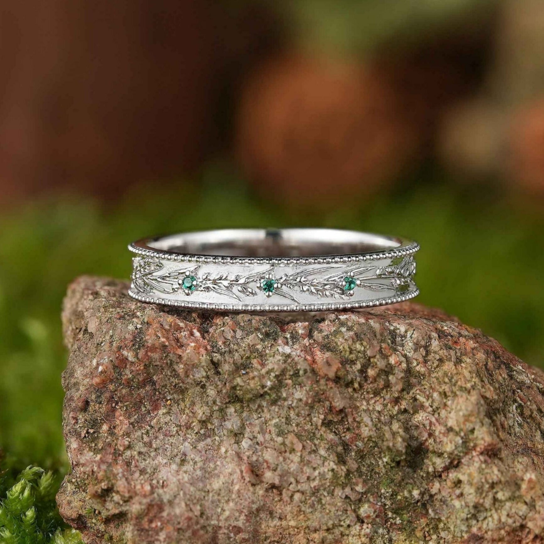 Floral Inspired | Lavender Design Emerald Engraved Wedding Band