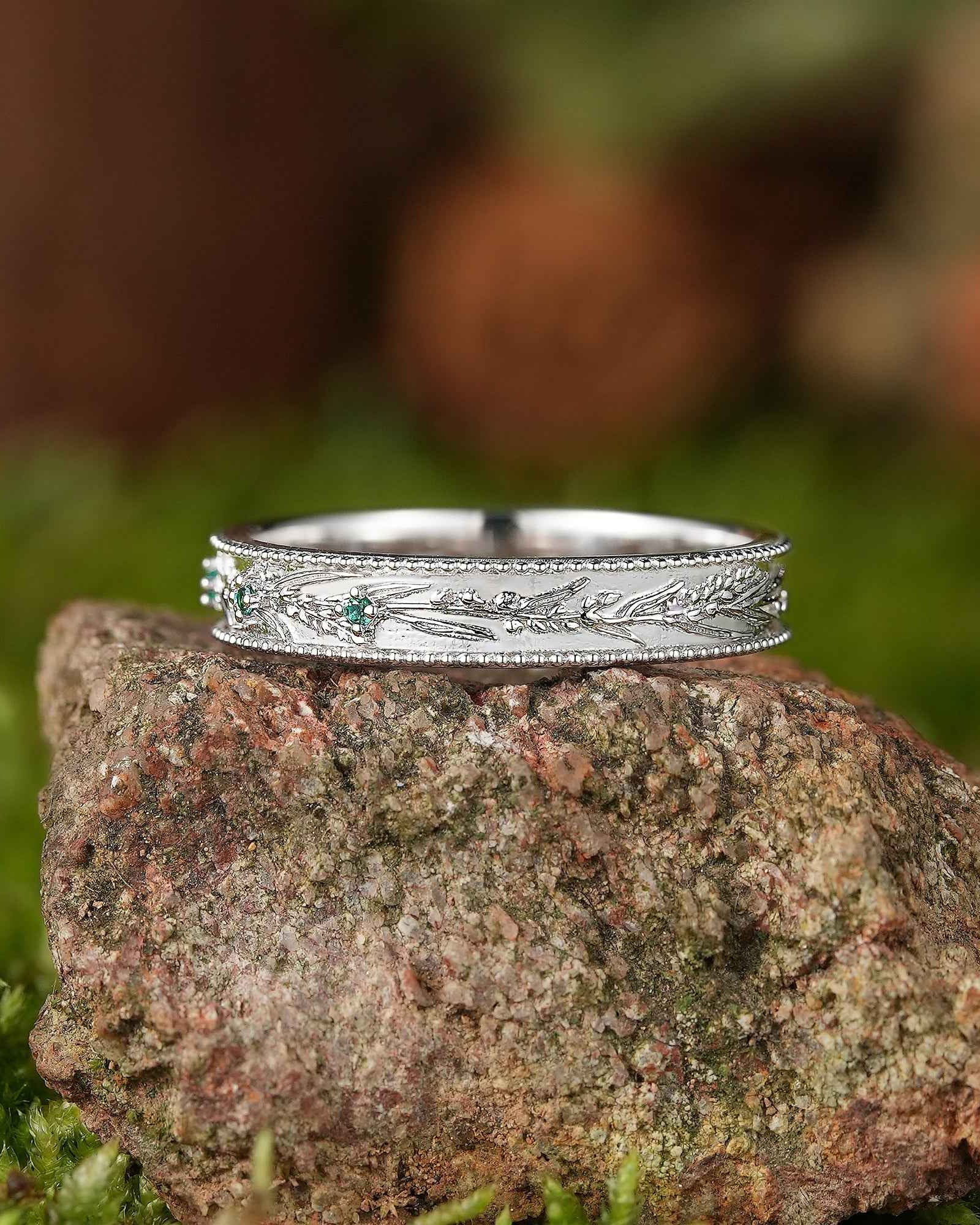 Floral Inspired | Lavender Design Emerald Engraved Wedding Band