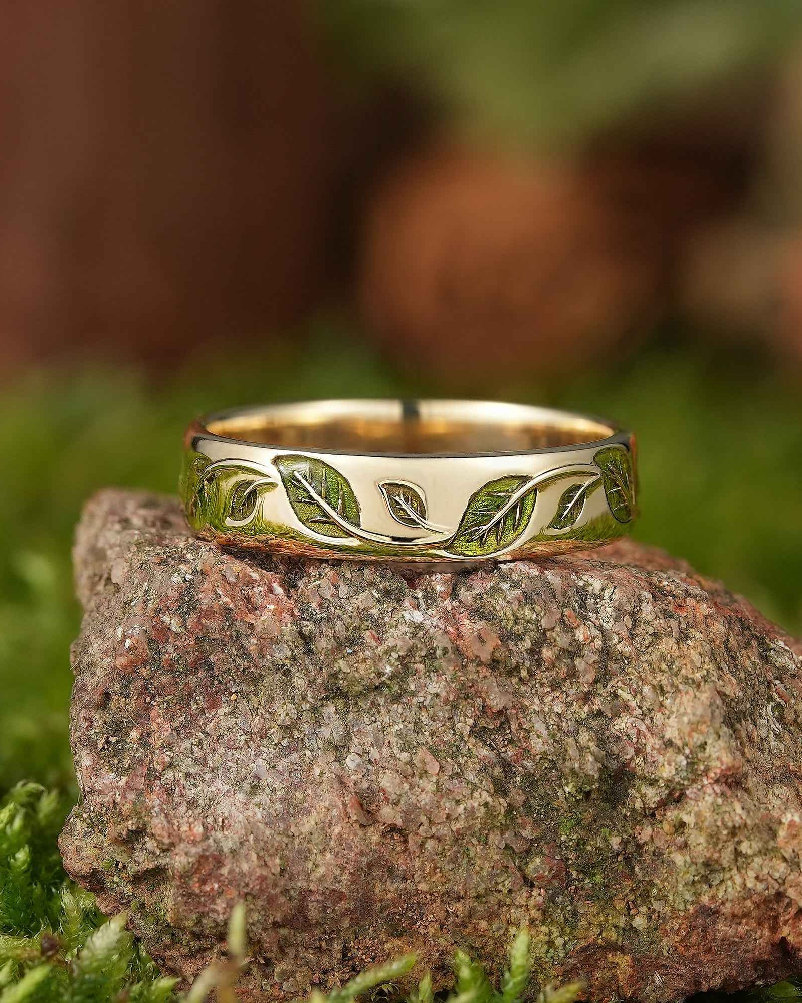 LCCjewelry | Nature Inspired Spring Green Leaf Enamel Wedding Band