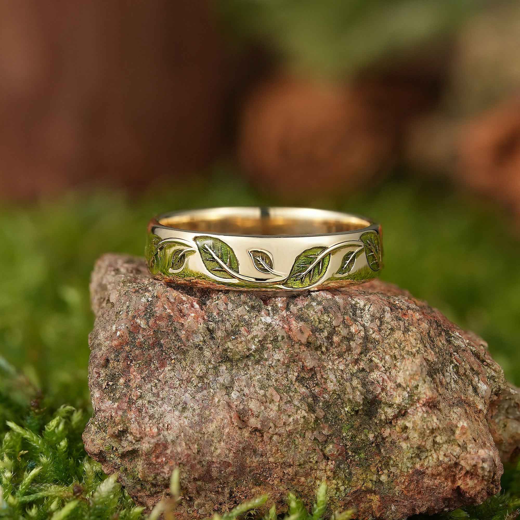 LCCjewelry | Nature Inspired Spring Green Leaf Enamel Wedding Band