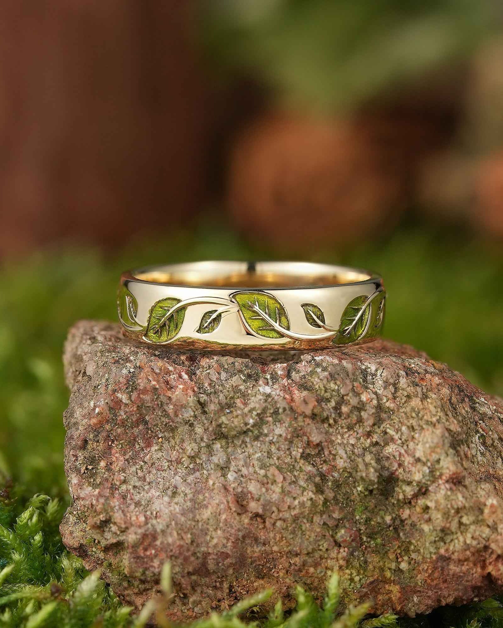 LCCjewelry | Nature Inspired Spring Green Leaf Enamel Wedding Band