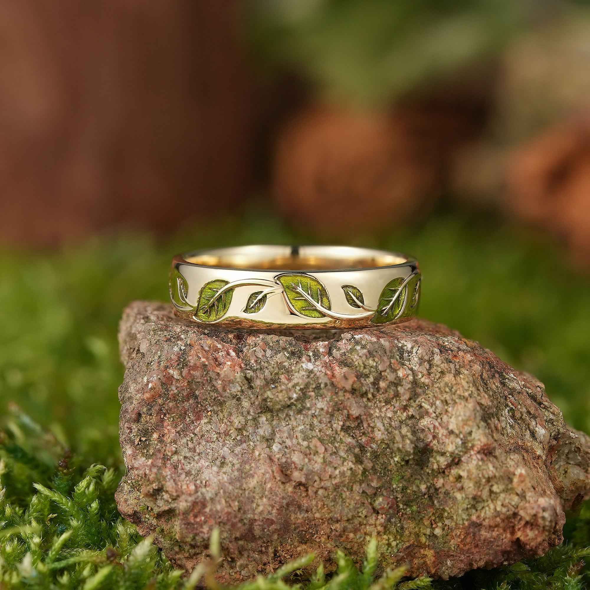 LCCjewelry | Nature Inspired Spring Green Leaf Enamel Wedding Band
