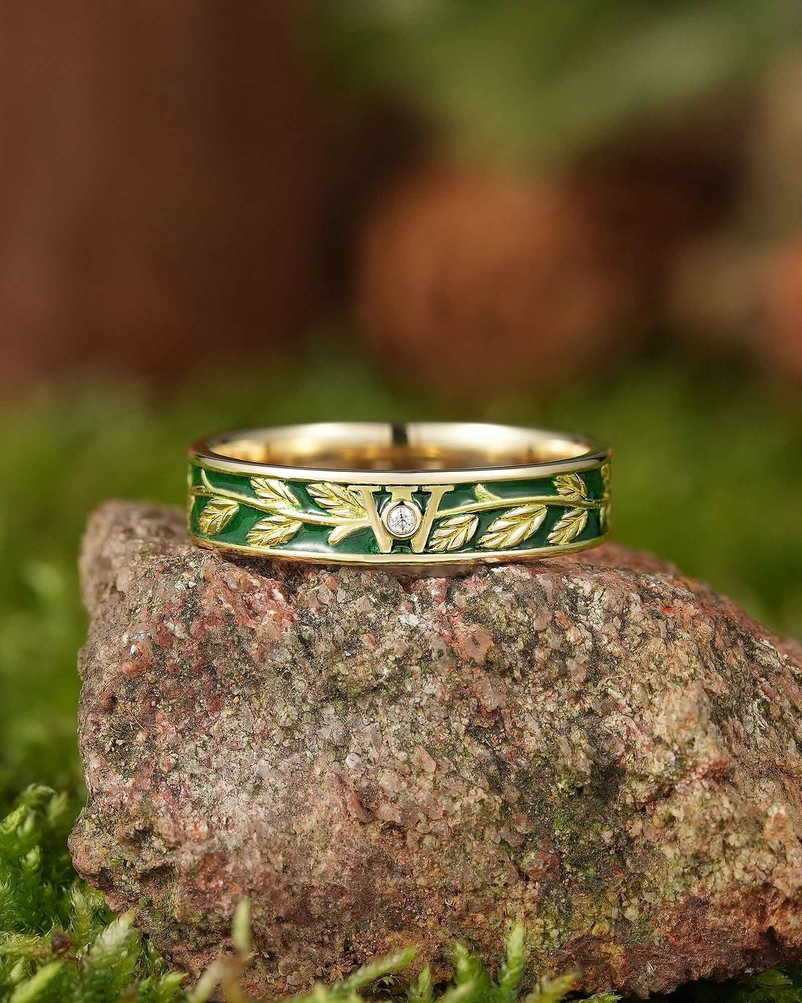 LCCjewelry | Nature Inspired Leaf Design Green Enamel Wedding Band