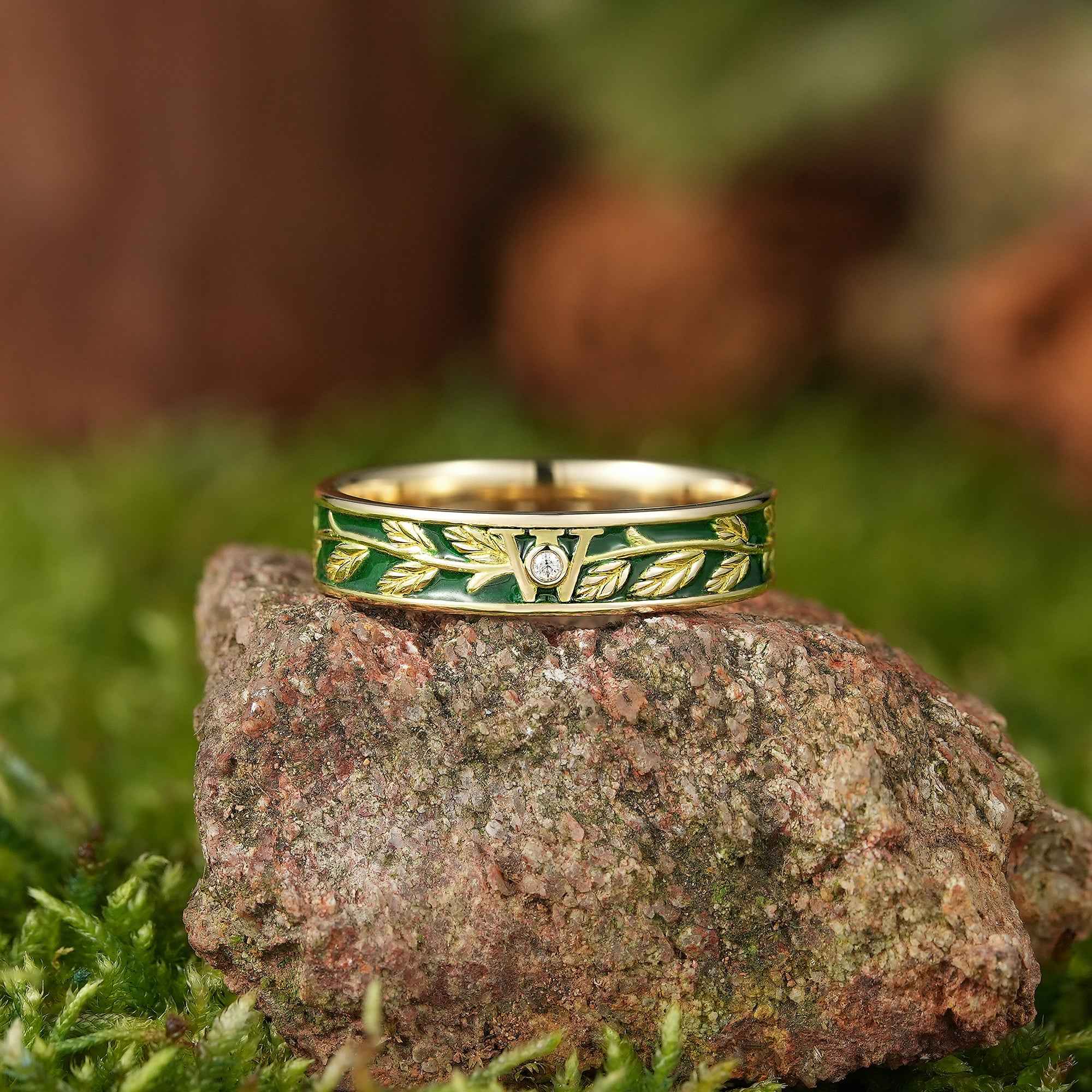 LCCjewelry | Nature Inspired Leaf Design Green Enamel Wedding Band
