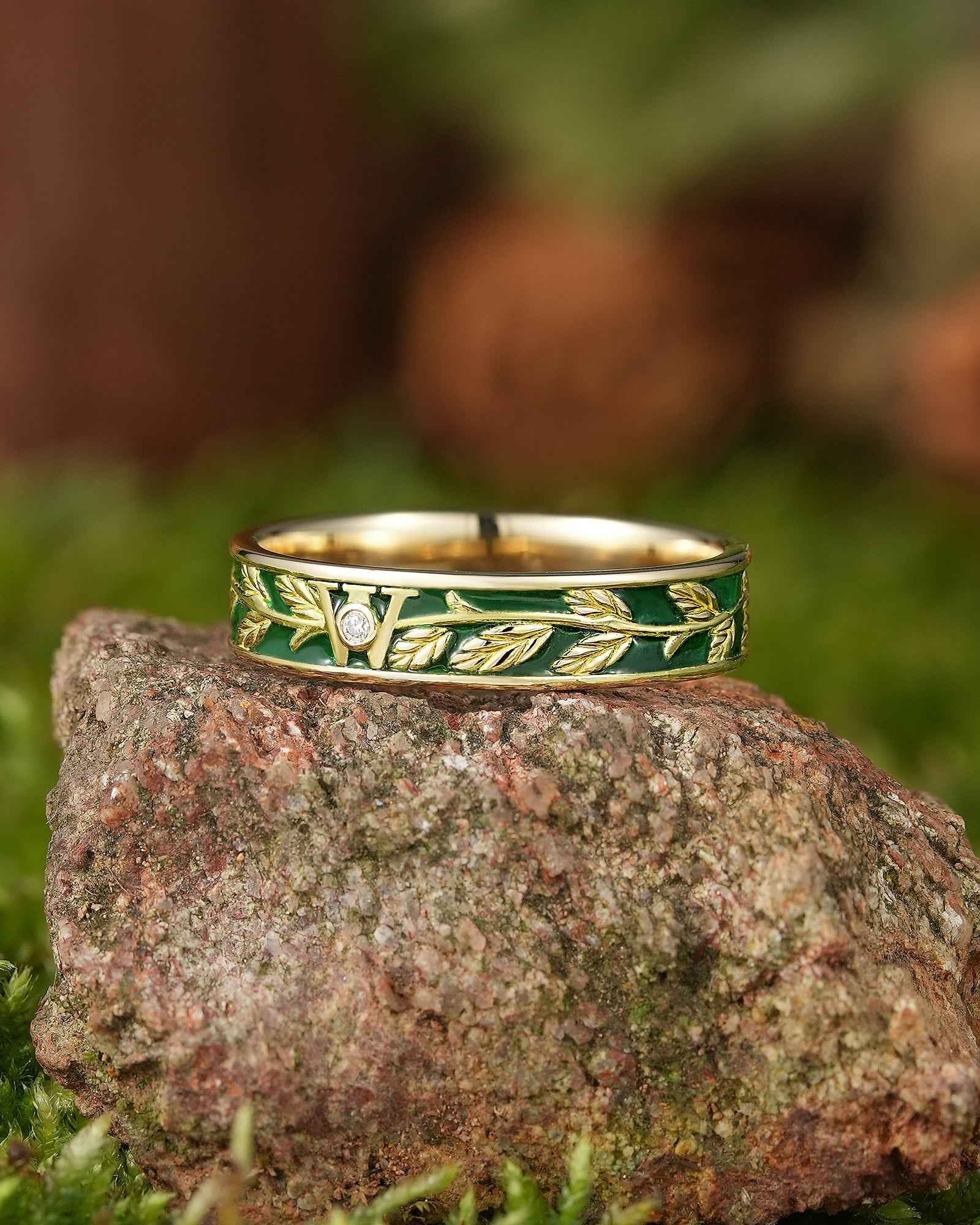 LCCjewelry | Nature Inspired Leaf Design Green Enamel Wedding Band