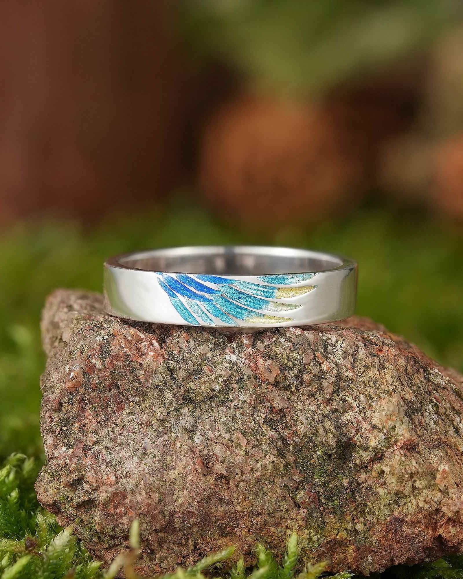 LCCjewelry | Unique Blue Feather Design Enamel Wedding Band