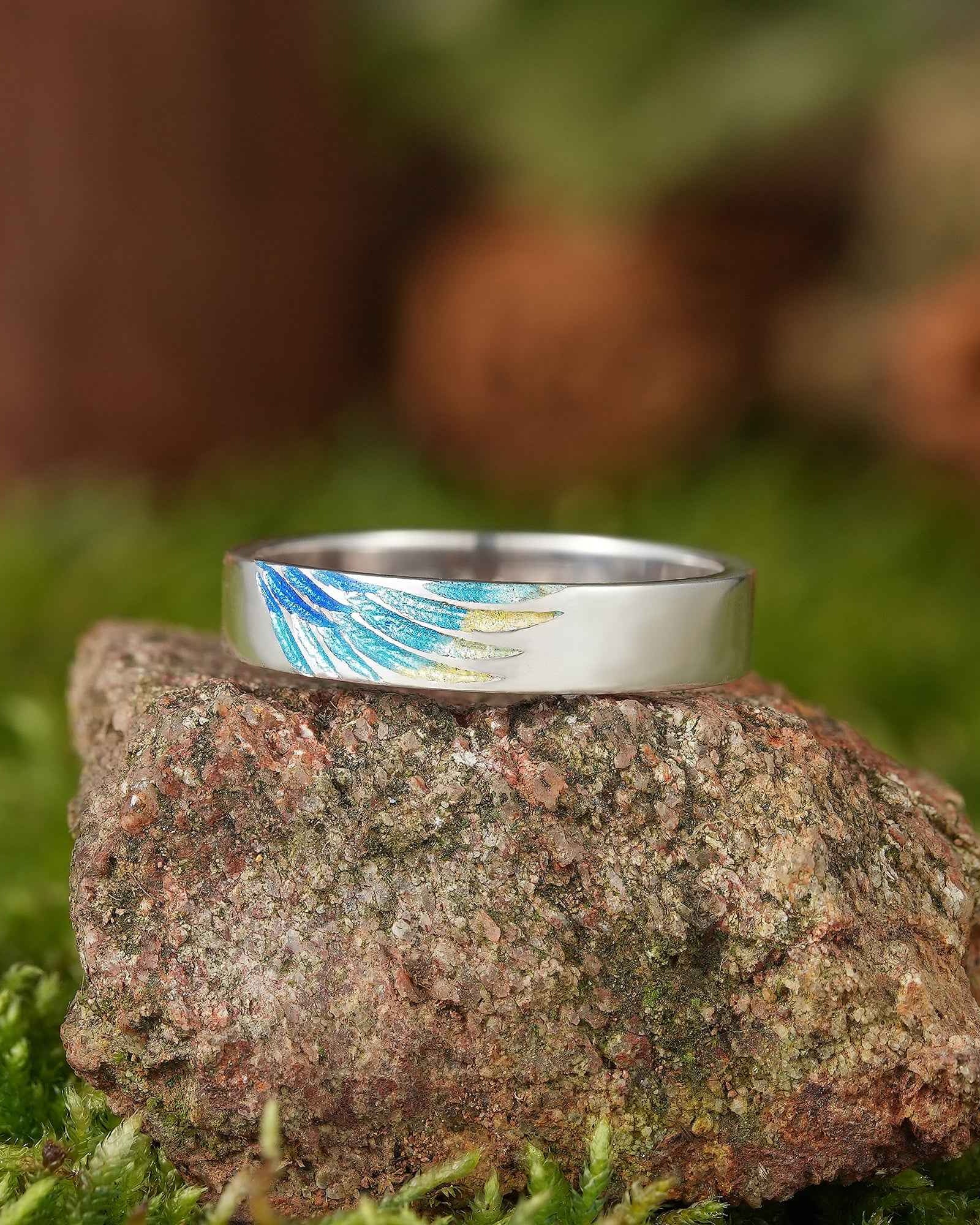 LCCjewelry | Unique Blue Feather Design Enamel Wedding Band