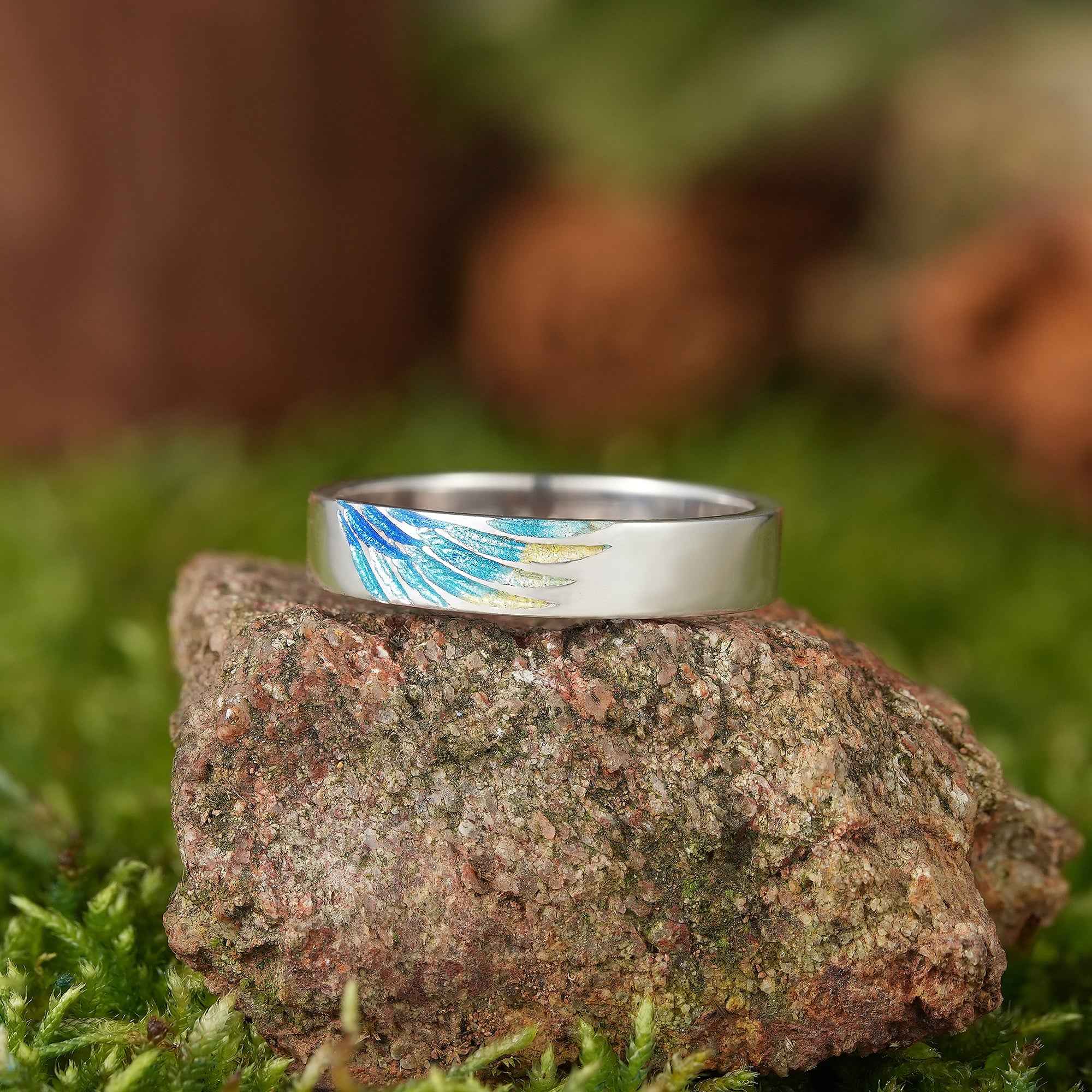 LCCjewelry | Unique Blue Feather Design Enamel Wedding Band