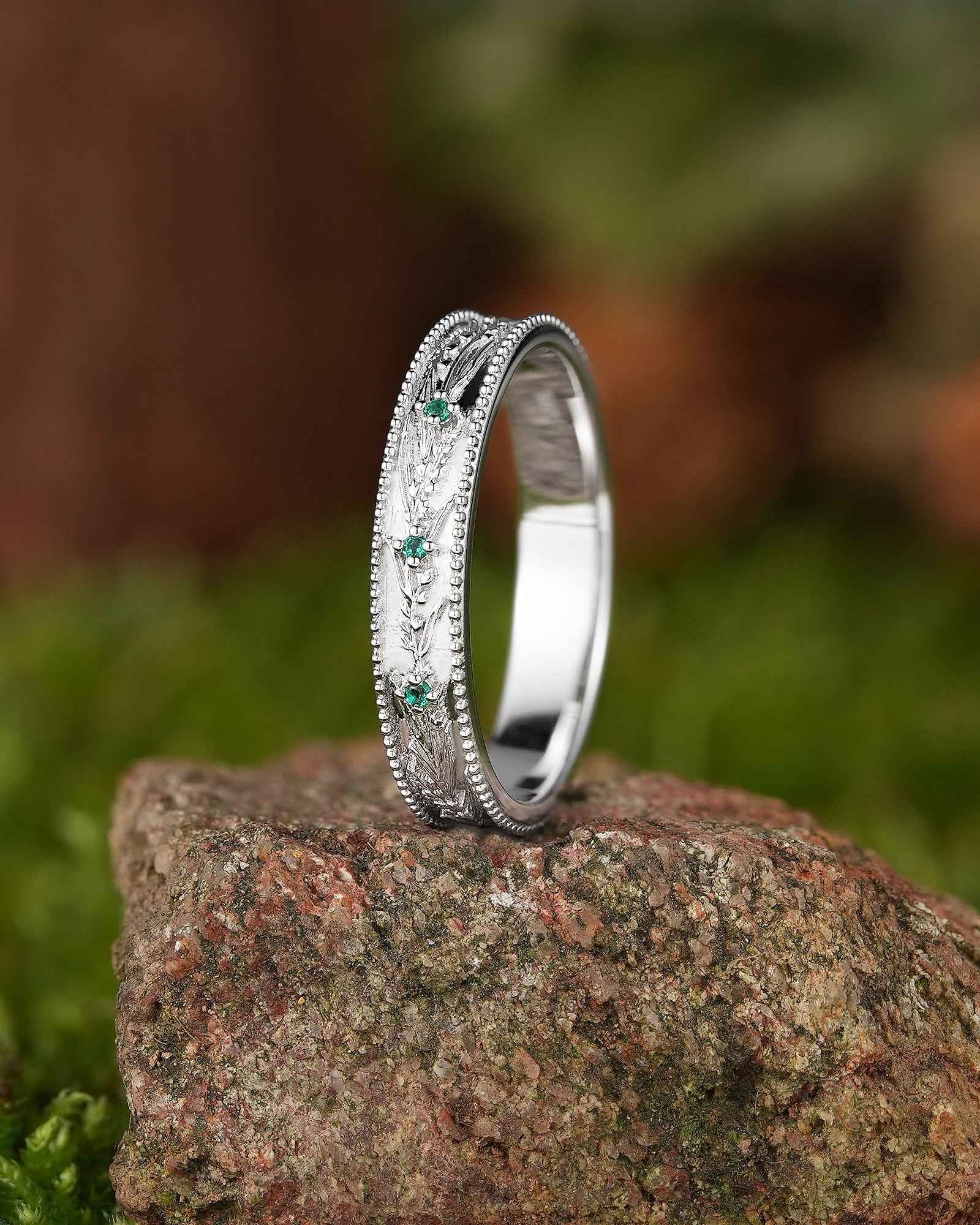 Floral Inspired | Lavender Design Emerald Engraved Wedding Band