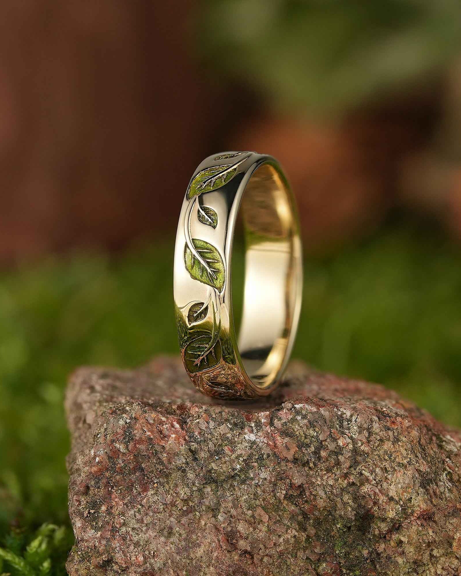 LCCjewelry | Nature Inspired Spring Green Leaf Enamel Wedding Band