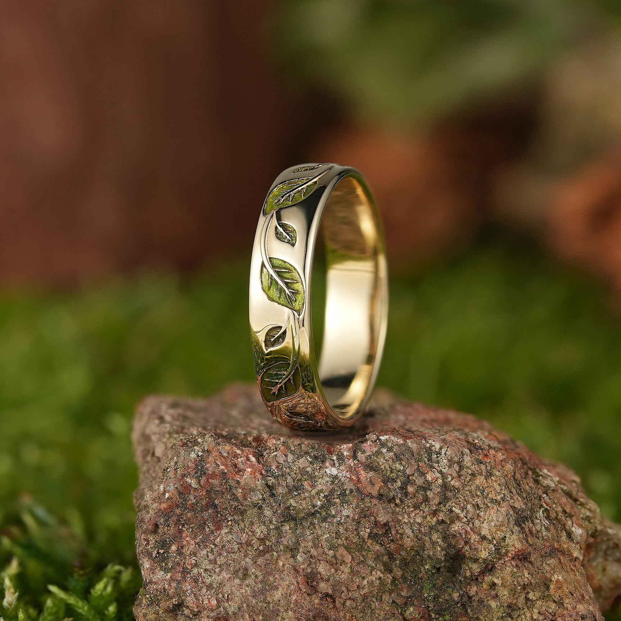 LCCjewelry | Nature Inspired Spring Green Leaf Enamel Wedding Band