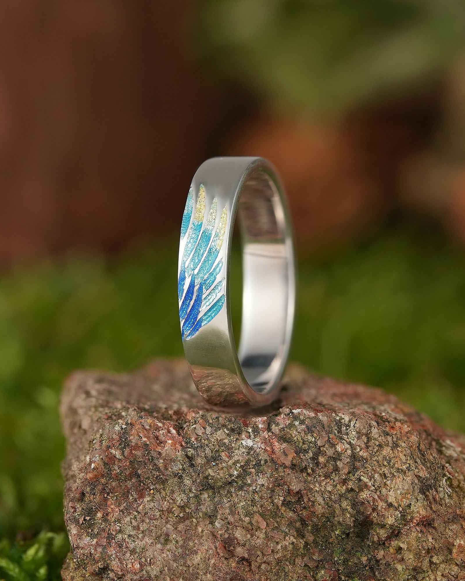 LCCjewelry | Unique Blue Feather Design Enamel Wedding Band