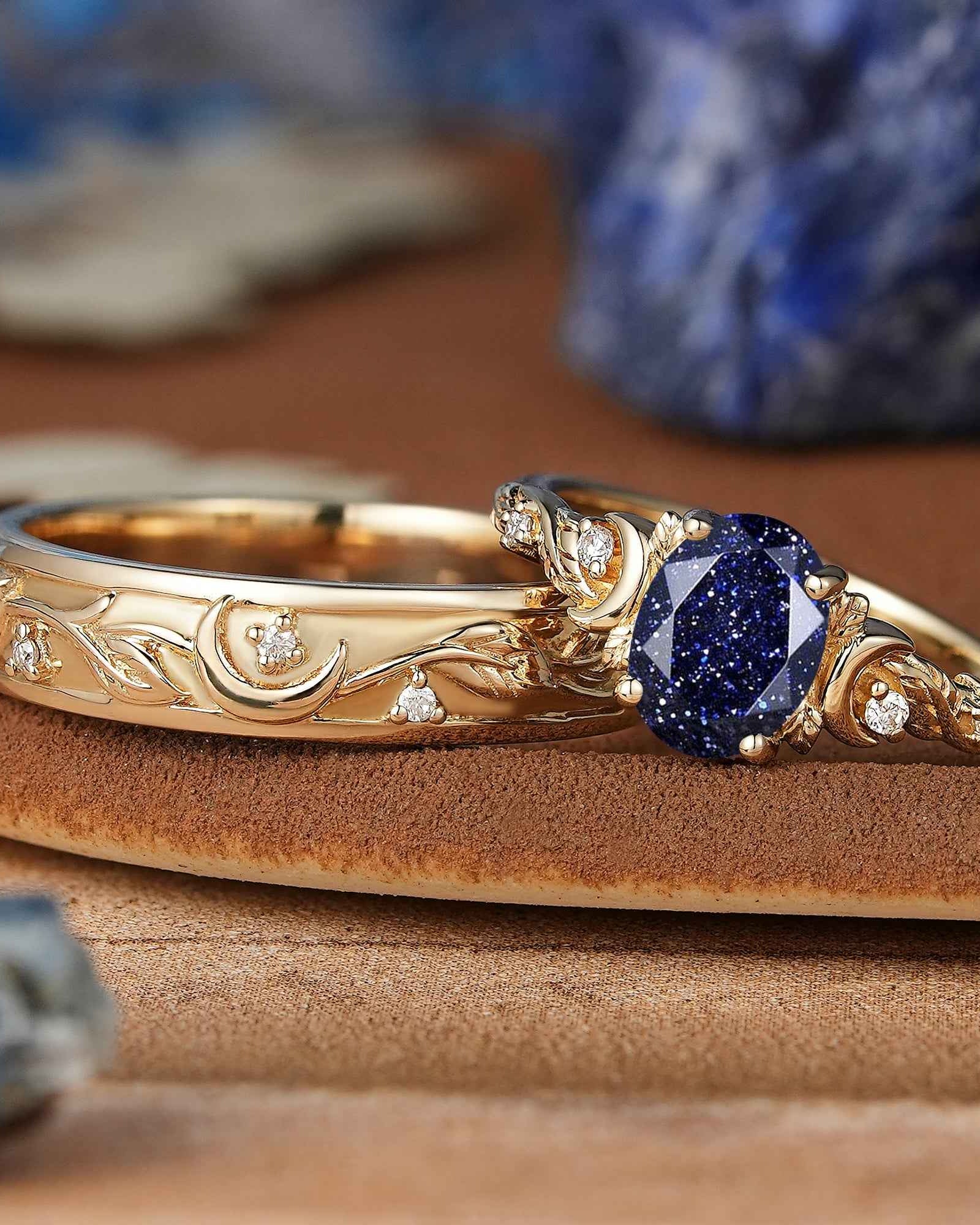 Moon Inspired | Sandstone Couple Rings Leaf & Moon