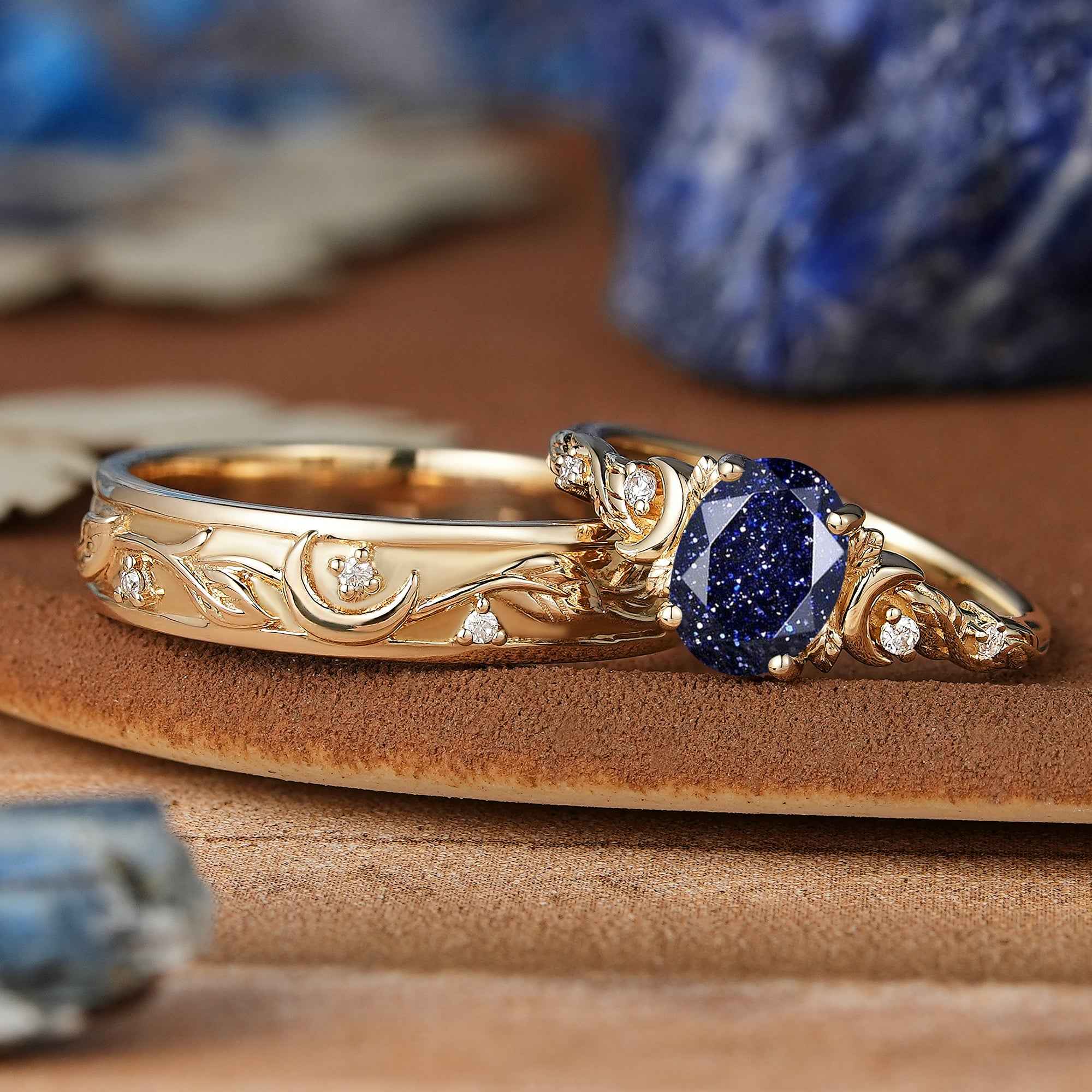 Moon Inspired | Sandstone Couple Rings Leaf & Moon