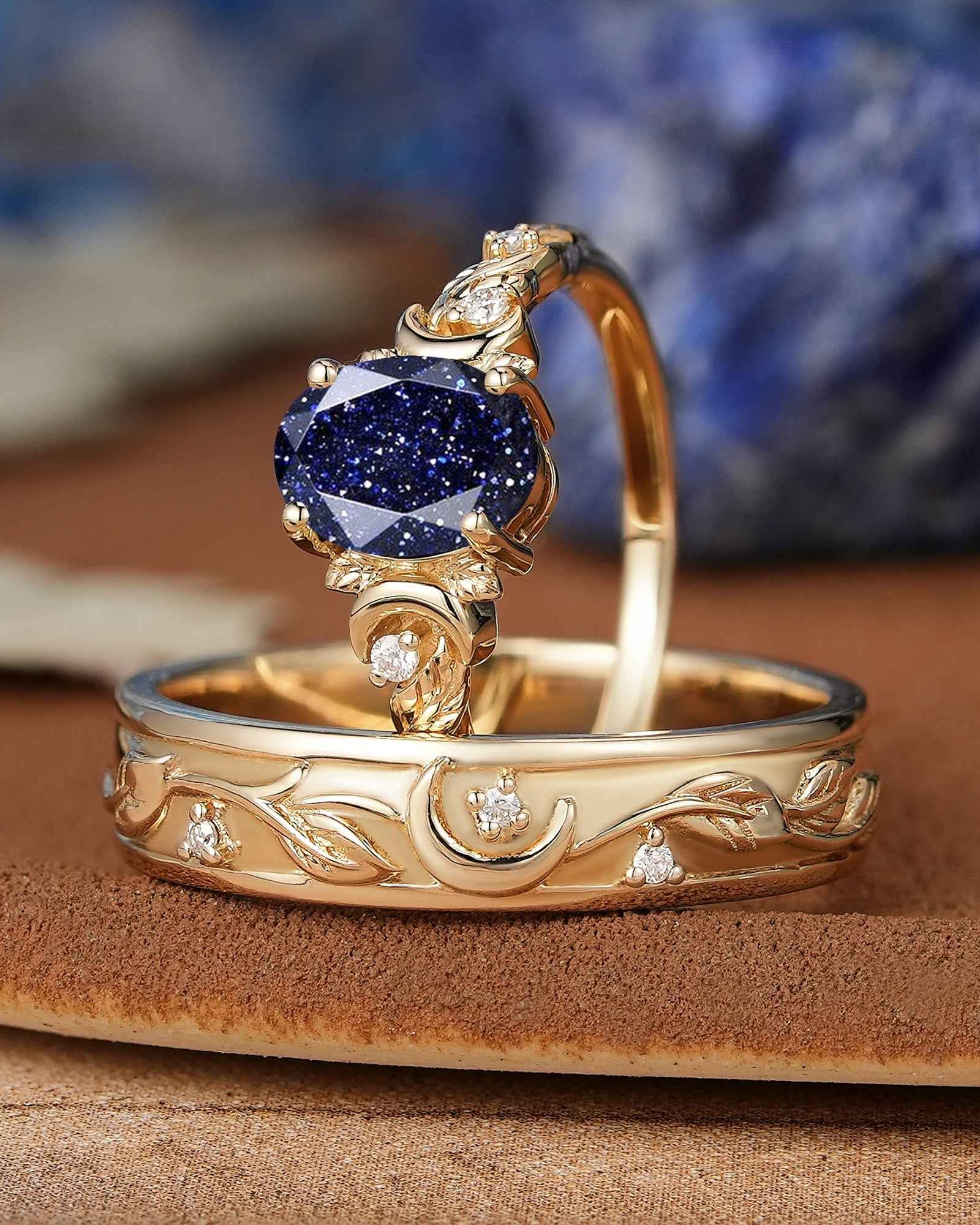 Moon Inspired | Sandstone Couple Rings Leaf & Moon