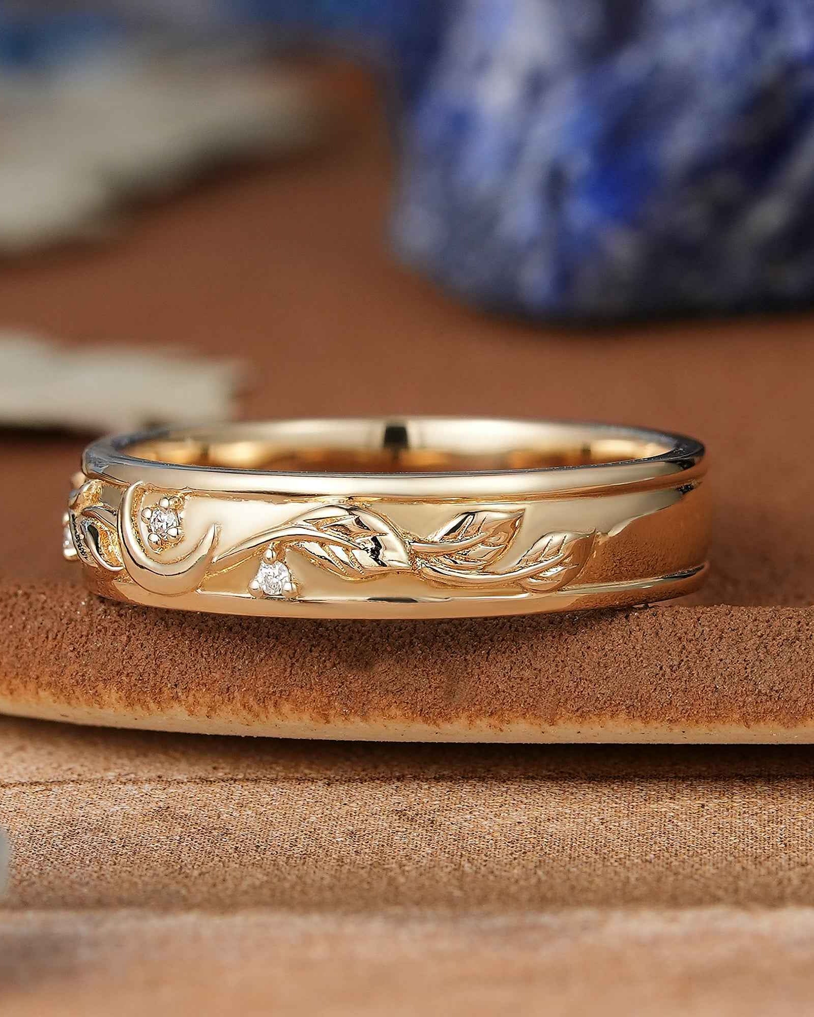 Moon Inspired | Unique Leaf & Moon Design Mens Wedding Band