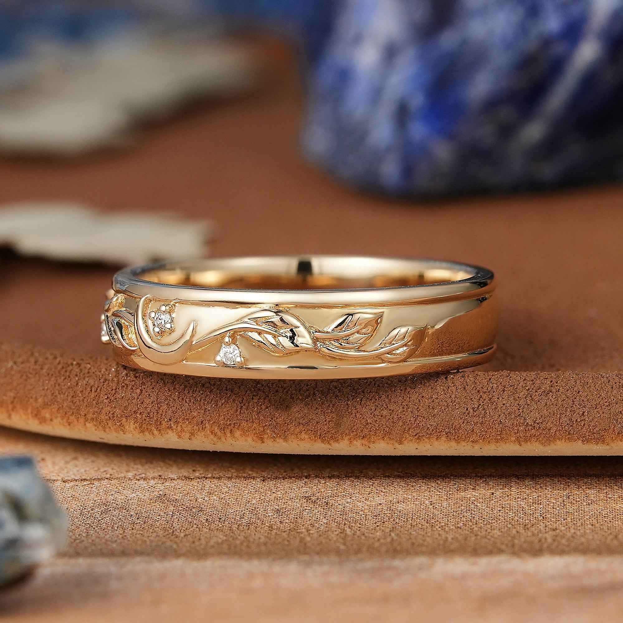 Moon Inspired | Unique Leaf & Moon Design Mens Wedding Band