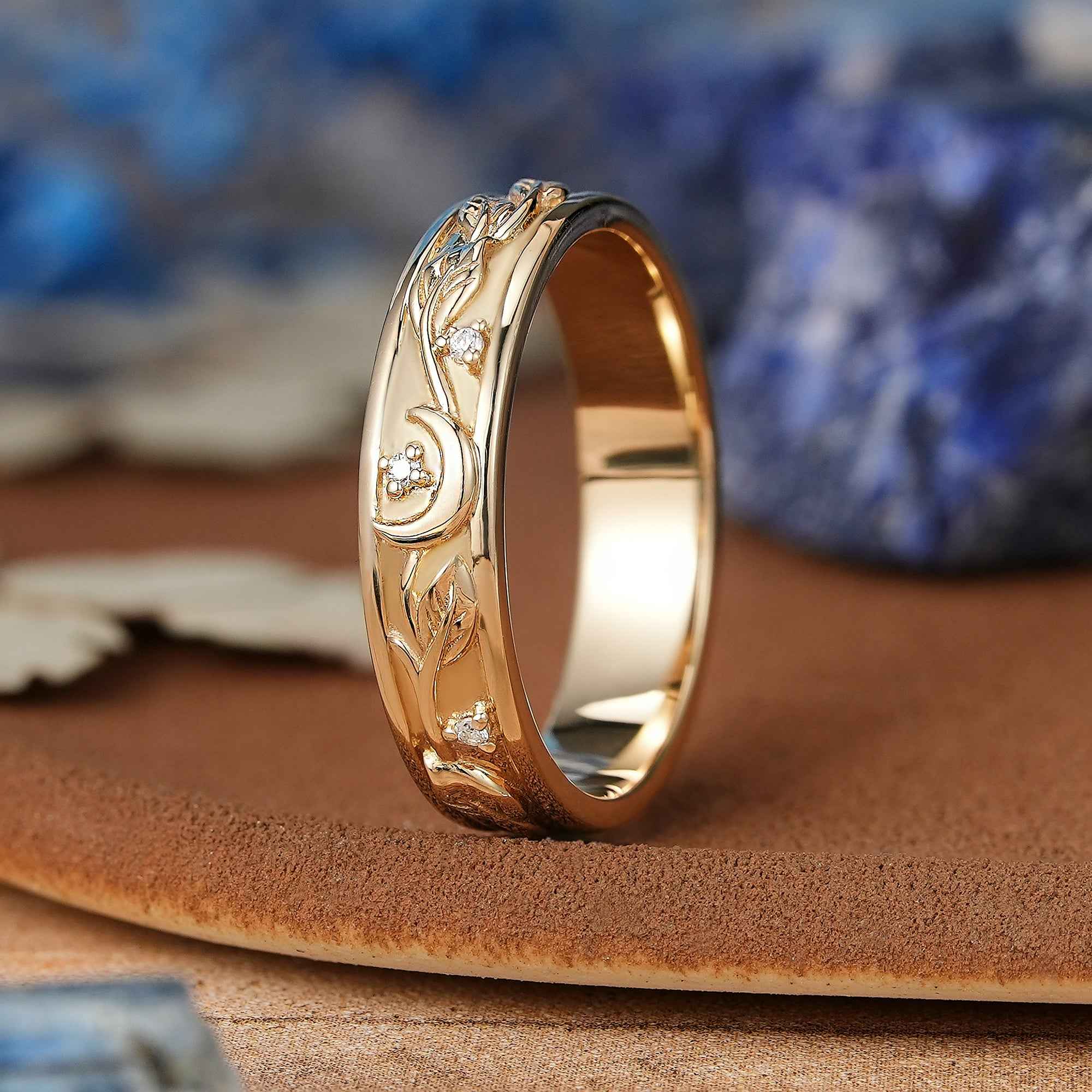 Moon Inspired | Unique Leaf & Moon Design Mens Wedding Band